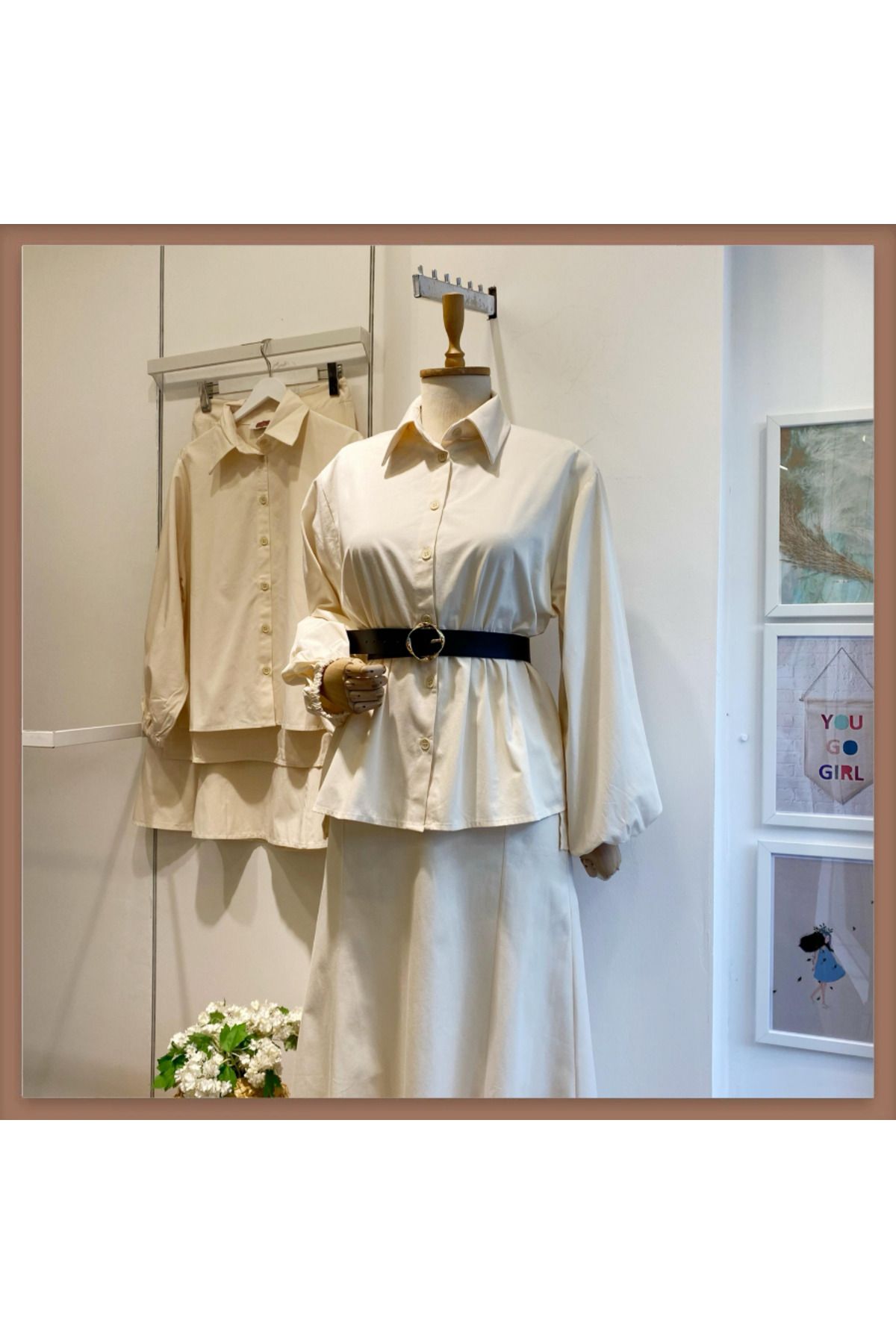Faya Boutique Kemerli İnce Gabardin Etekli Ekru Takım