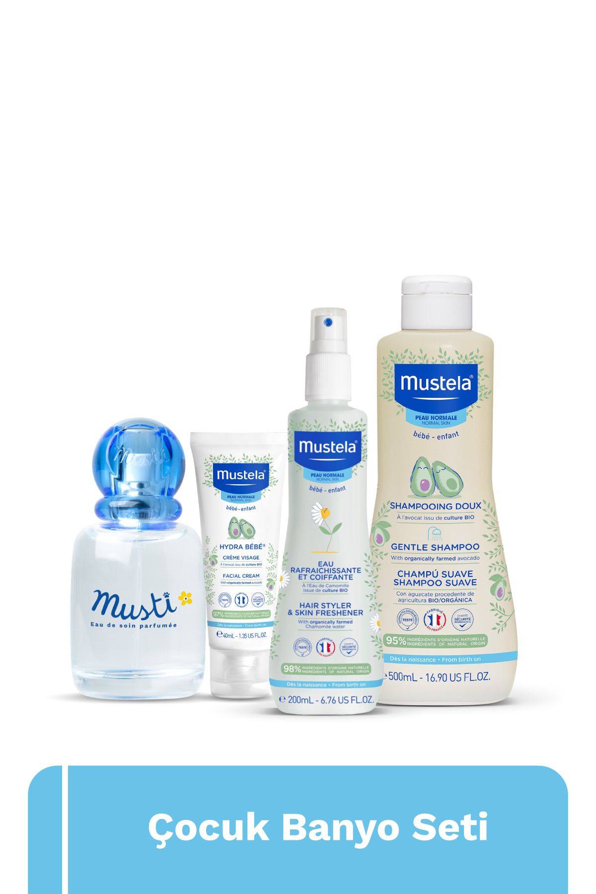 Mustela Çocuk Banyo Seti- Papatya Özlü Şampuanı, Saç Spreyi, Yüz Kremi, Alkolsüz Musti Parfüm Bebek Çocuk