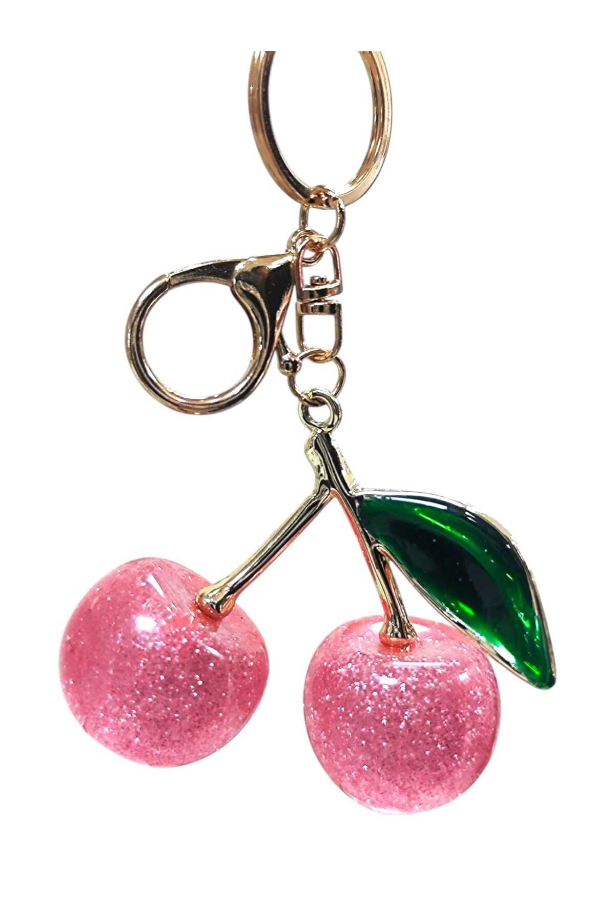 Aşkım Butik Parlak Pembe Kiraz Figürlü Gold Detaylı Çanta Süsü & Anahtarlık Charm – Işıltılı Meyve Aksesuar