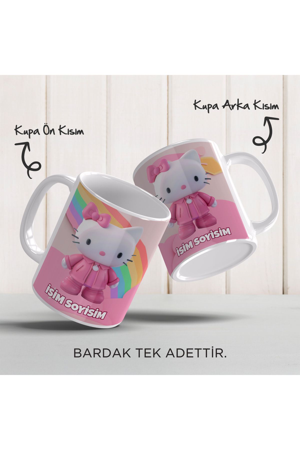 YELKOVAN TASARIM Kişiye Özel İsimli Hello Kitty Temalı, Renkli Porselen Kupa Bardak, Model-5