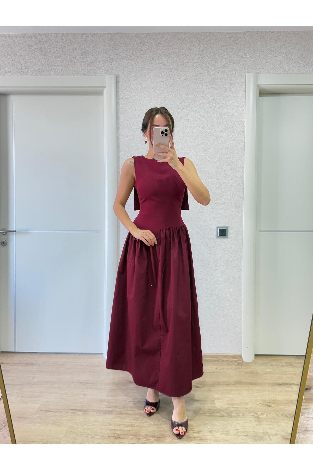 FMN Butik sırt detay dekolteli asimetrik bele oturan çan etek tasarım pinterest model midi boy şık elbise