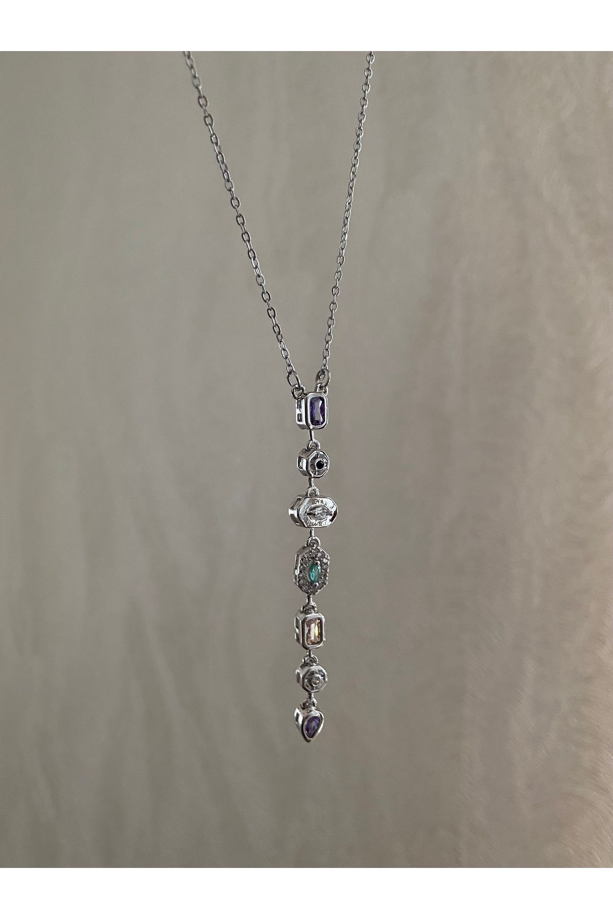 Petek Collection Renkli Taşlı Y kolye Dekolte Kolye (Çelik)