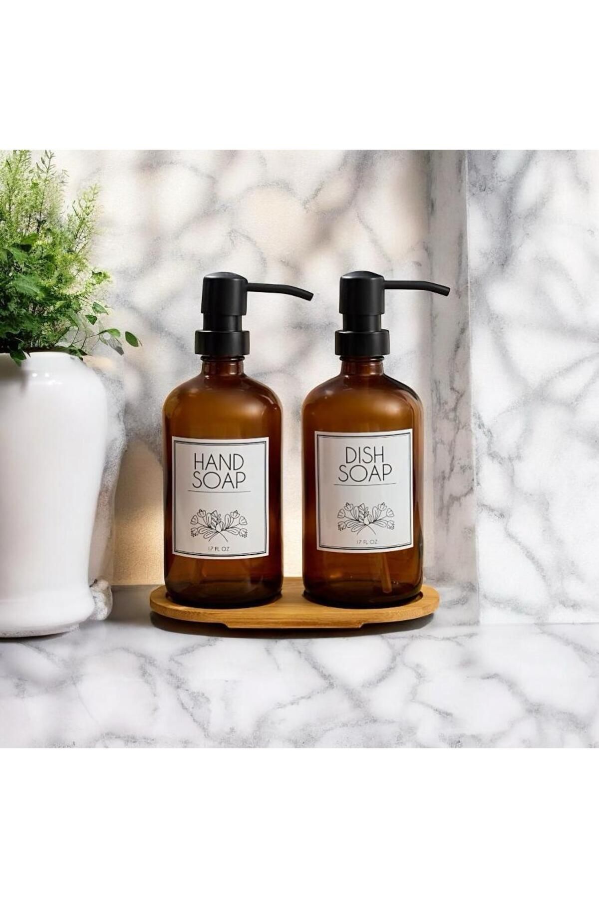 UCR HOME Banyo Mutfak Sıvı Sabunluk Bambu Tepsili 500 Ml Cam 2 Li Set