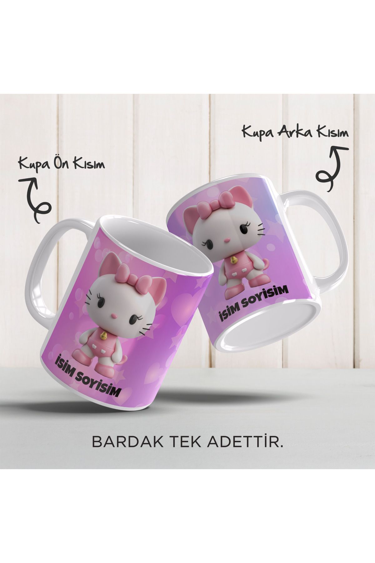YELKOVAN TASARIM Kişiye Özel İsimli Hello Kitty Temalı, Renkli Porselen Kupa Bardak, Model-2
