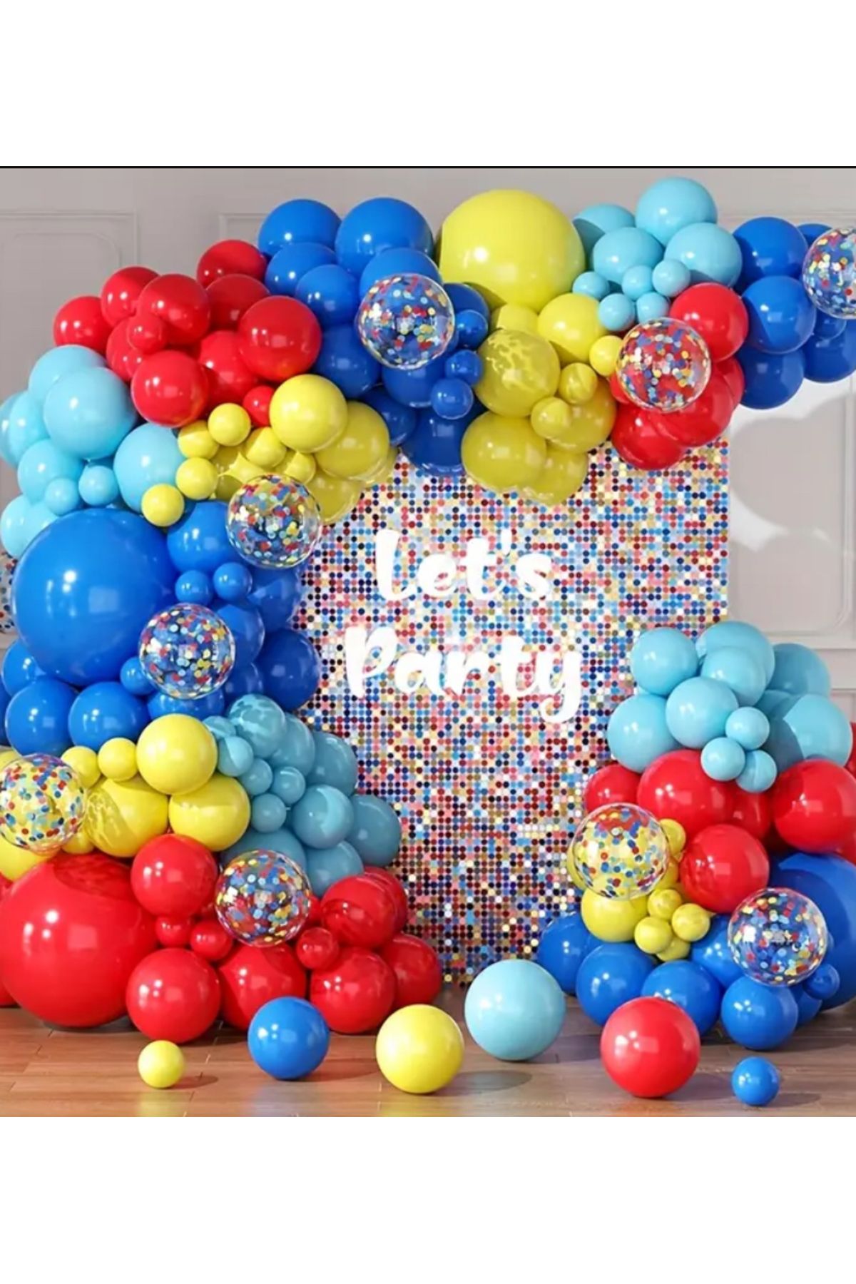 Çemrek Süs Parti Koyu Mavi Sarı Kırmızı Mavi Balon Zinciri Seti Şeffaf Pullu Balonlu 100 lü