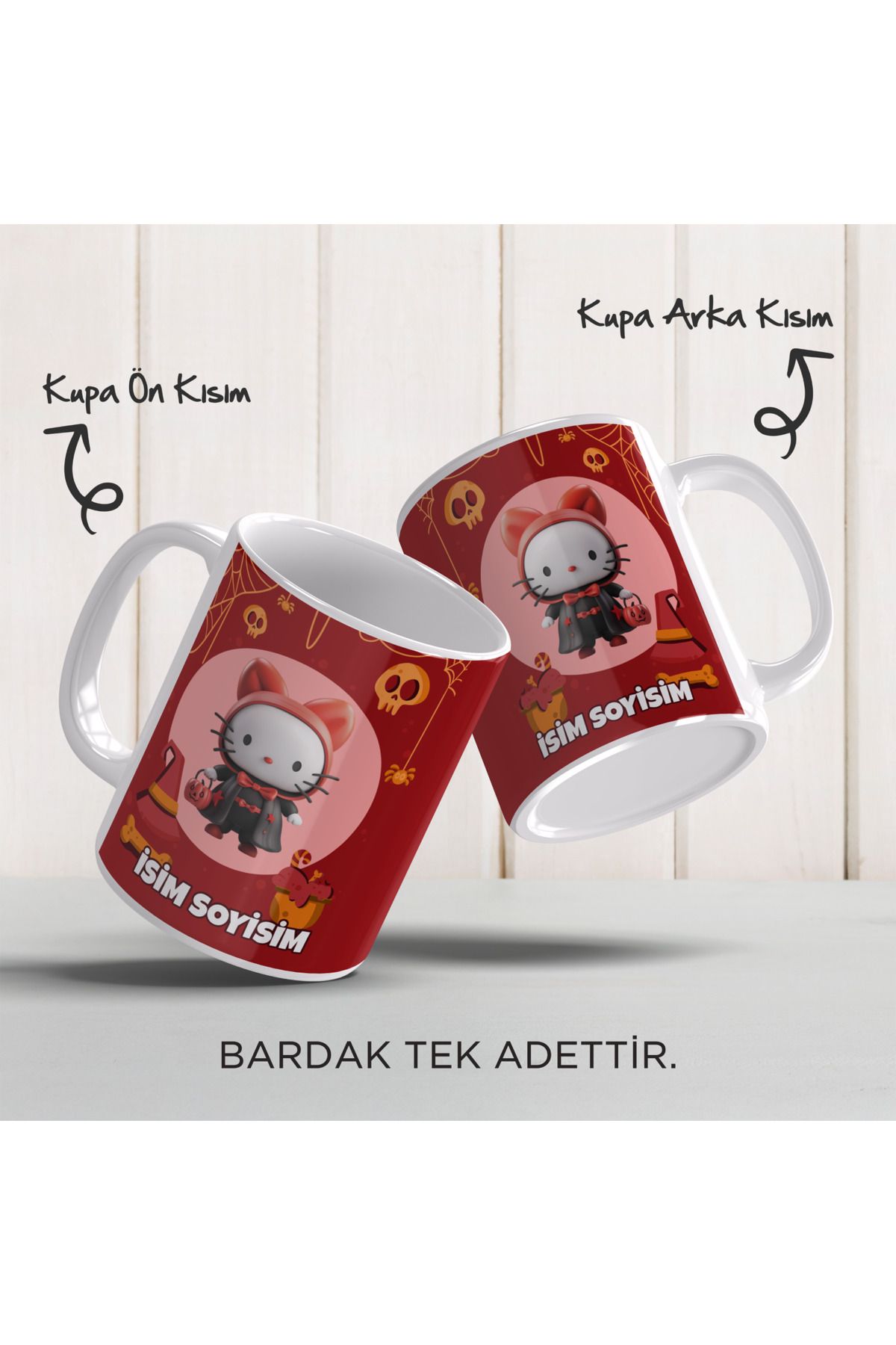YELKOVAN TASARIM Kişiye Özel İsimli Hello Kitty Temalı, Renkli Porselen Kupa Bardak, Model-4
