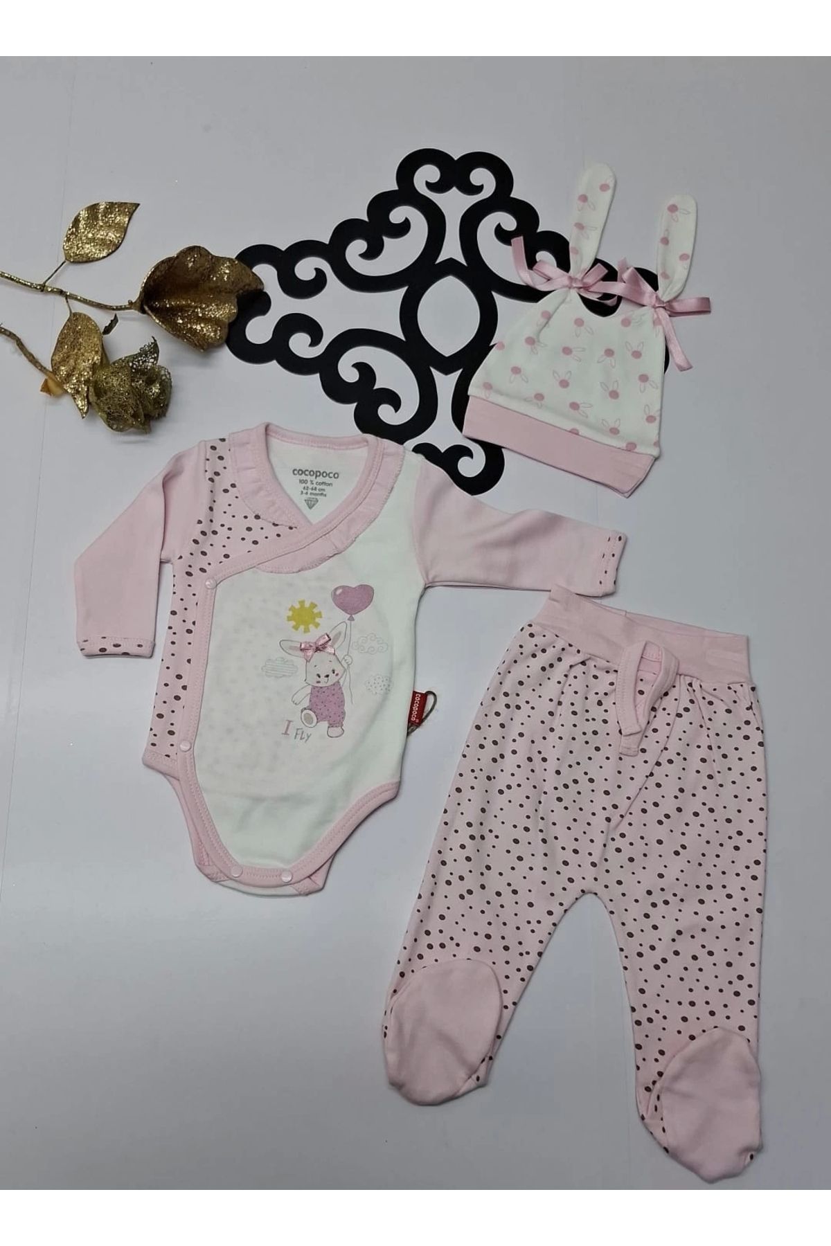 elanurbebe Penye Tavşan Baskılı Yandan Çıtçıtlı Bebe Kız 3lü Takım