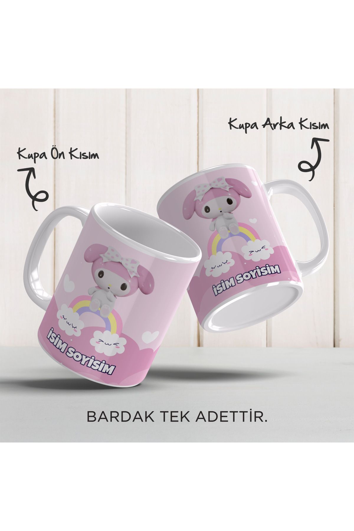 YELKOVAN TASARIM Kişiye Özel İsimli My Melody, Anime/Kawai, Renkli Porselen Kupa Bardak, Model-2