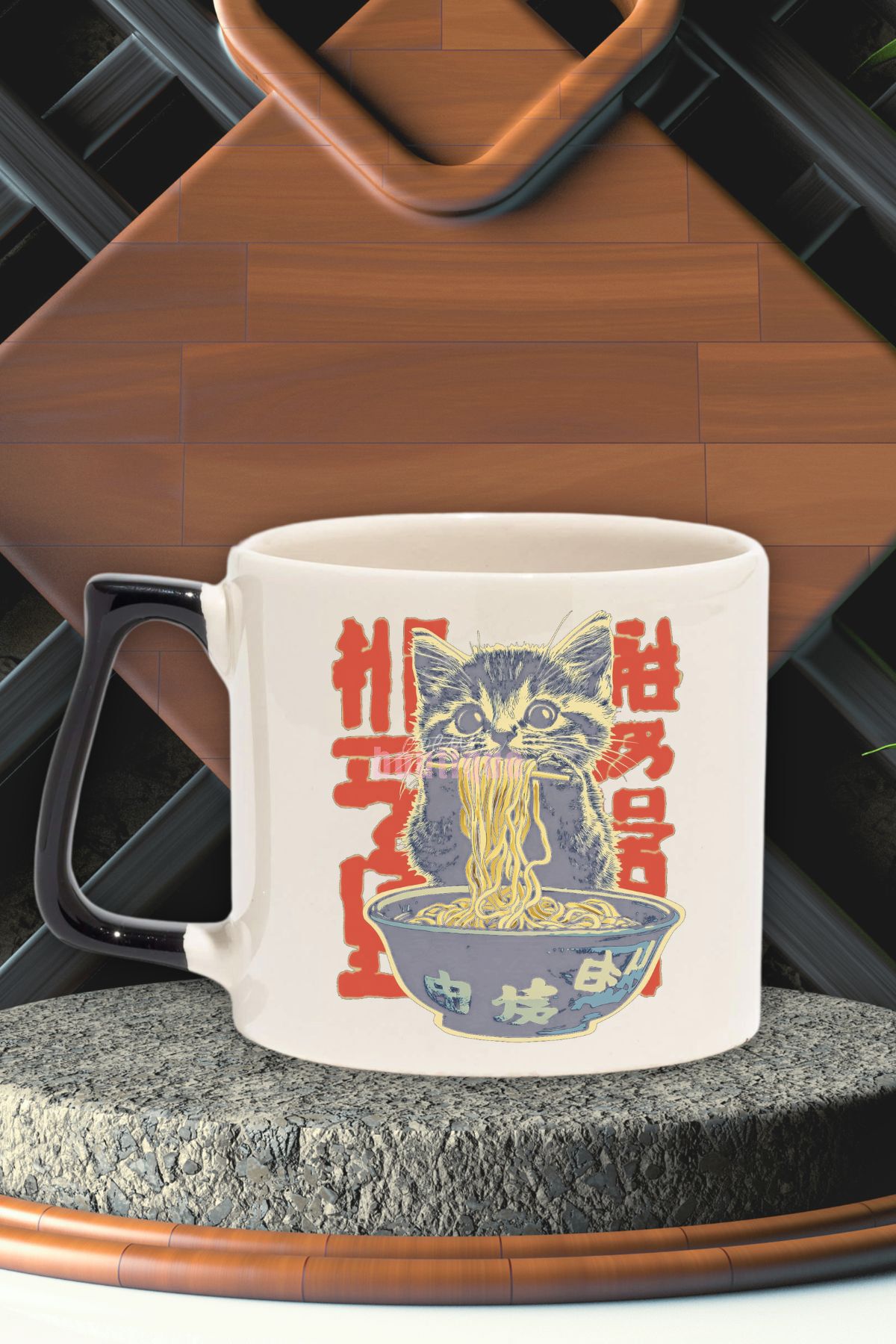 qoeuyl boutique Ramen Sevimli Kedi Noodle 1 Baskılı Japon Anime Yiyecek Doğum Günü Hediye Siyah Kulplu Kupa Bardak
