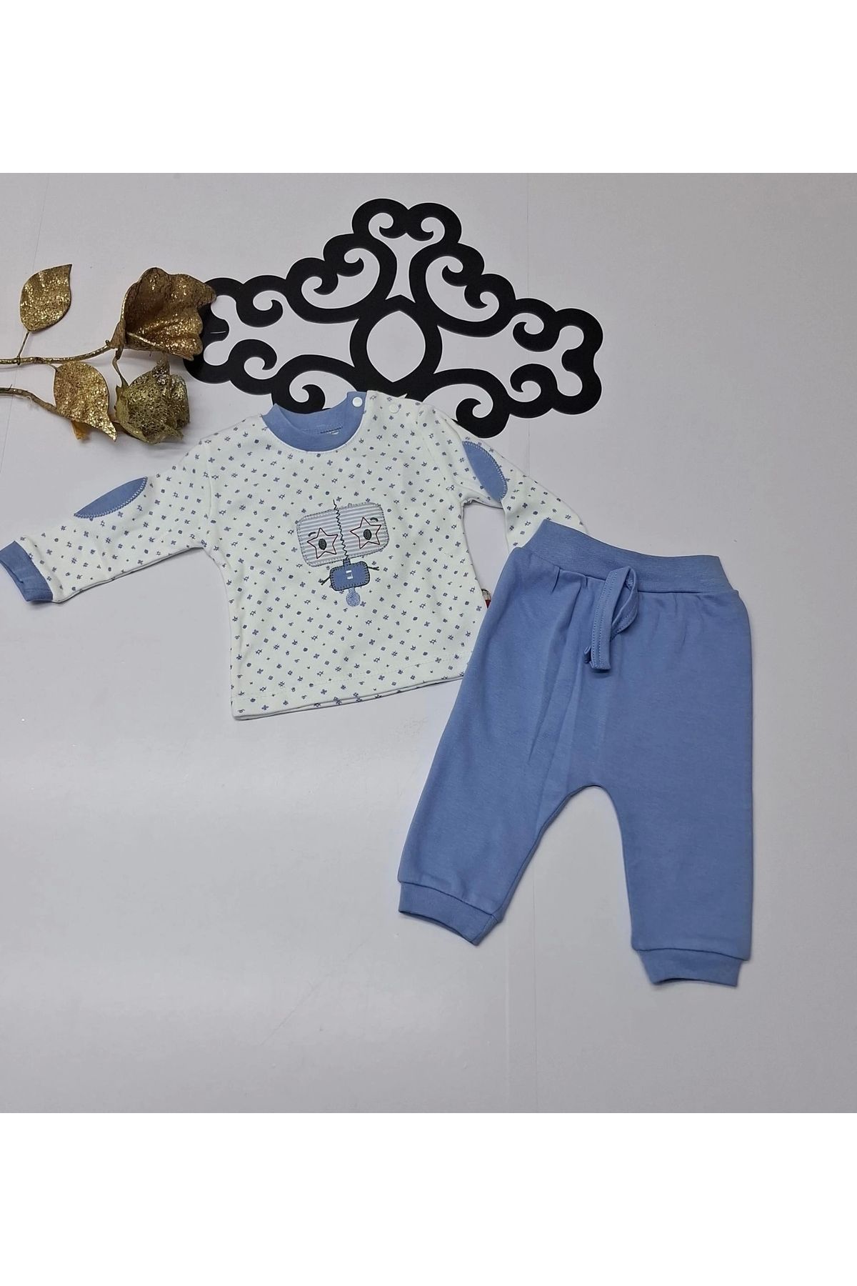 elanurbebe Penye Koldan Göz Nakışlı Desenli Çıtçıtlı Yaka Bebe Erkek Ikili Takım