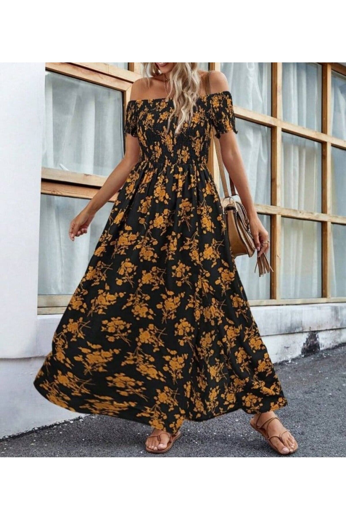 Cbm Kadın kısa kollu madonna yaka yırtmaçlı çiçek desenli süprem elbise-SON GÖRSEL HEDİYE