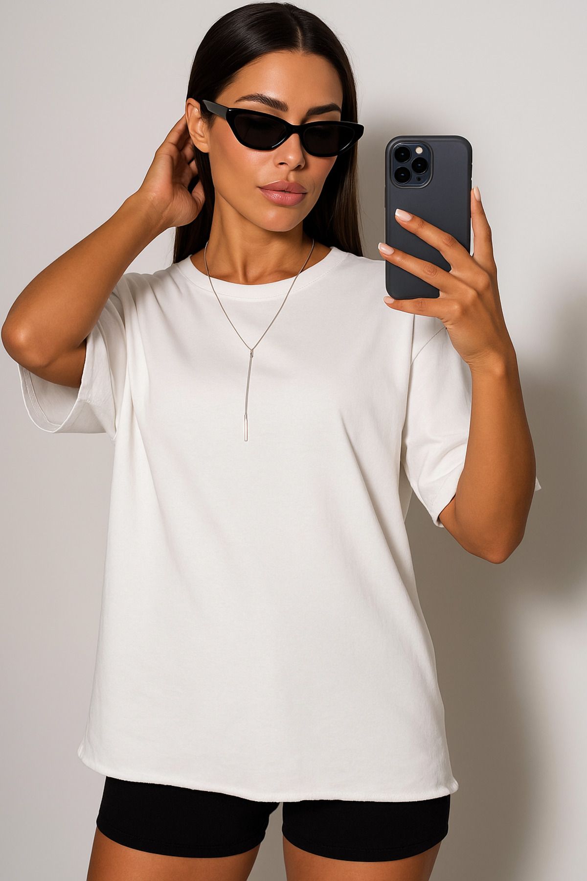 NO BRAND Baskısız Unisex Oversize Beyaz Tişört