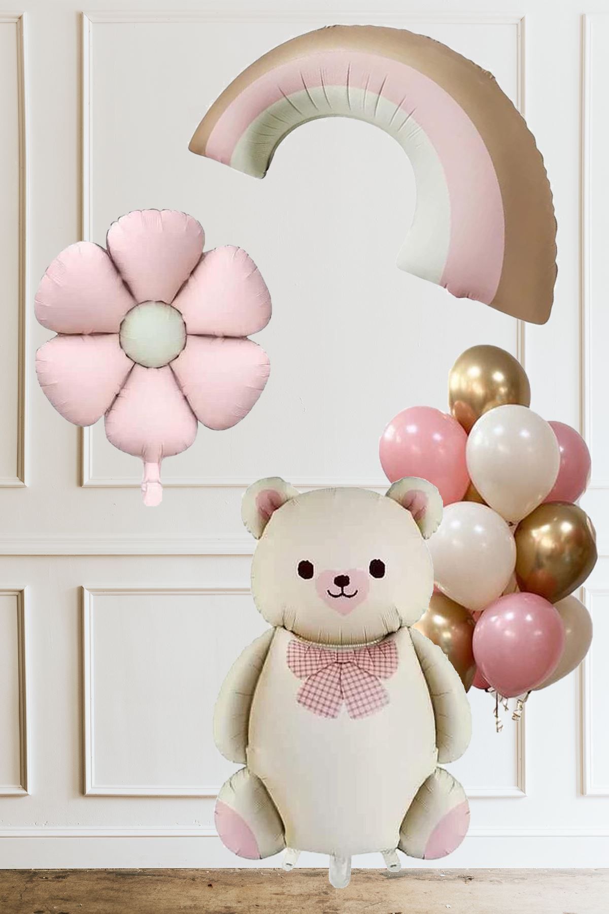 Atölye Mi Retro Papyonlu Ayı Pembe Gökkuşağı Papatya Temalı Kız Doğum Günü Baby Shower Balon Seti