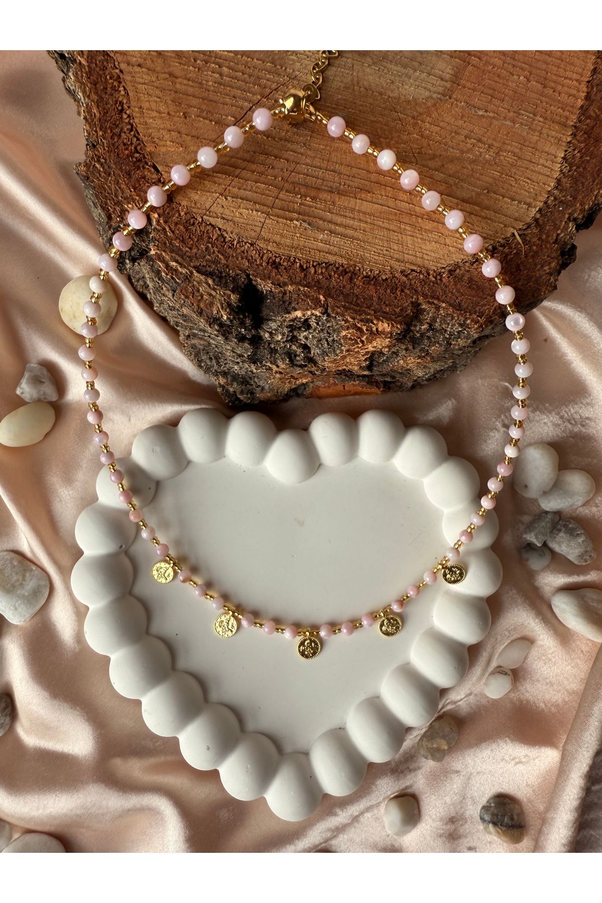 JEWELRY Pembe Doğal Taşlı ve Gold Turalı Kolye