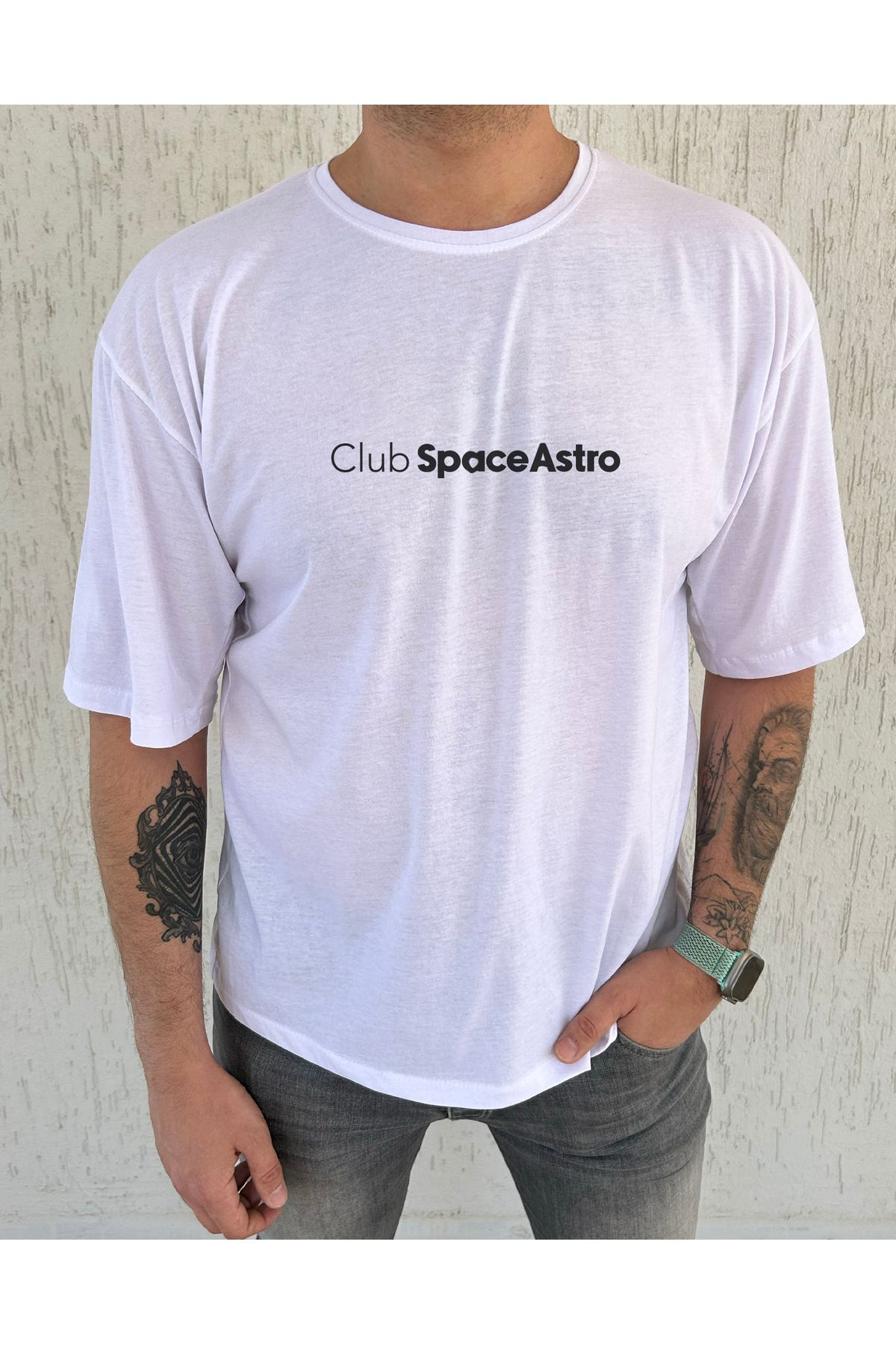 ClubSpaceAstro Club Space Astro Baskılı %100 Pamuk Oversize Erkek Tişört – Bisiklet Yaka, Sokak Modası