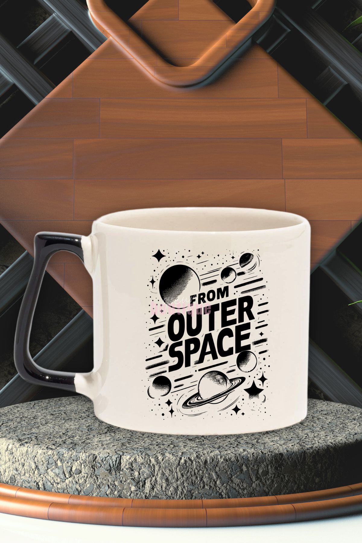 qoeuyl boutique From Outer Space Baskılı Uzaydan Gelen Gizemli Yaratık Hediye Siyah Kulplu Kupa Bardak