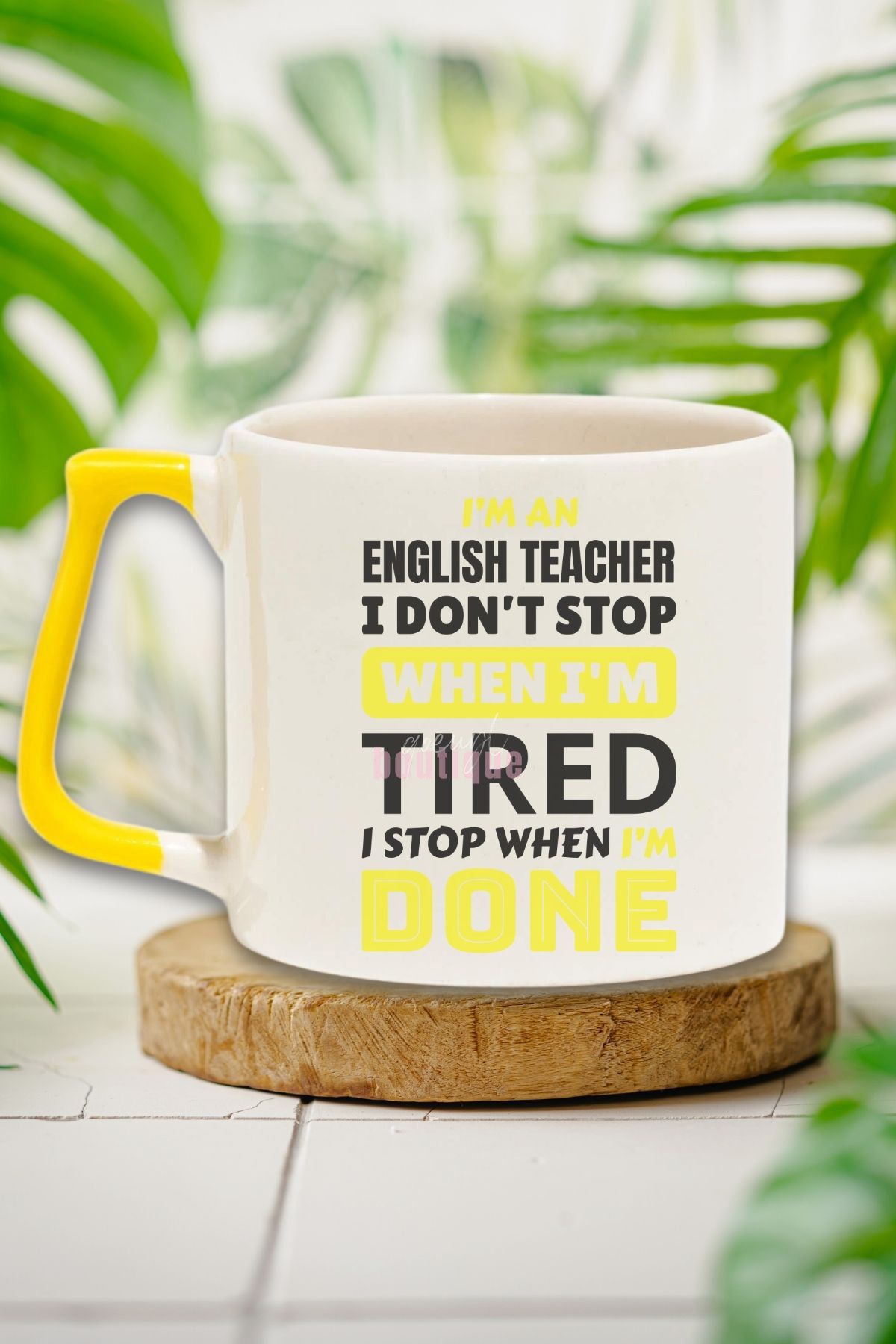 qoeuyl boutique English Teacher Stop When Done Baskılı İngilizce Öğretmeni Hediye Sarı Kulplu Kupa Bardak