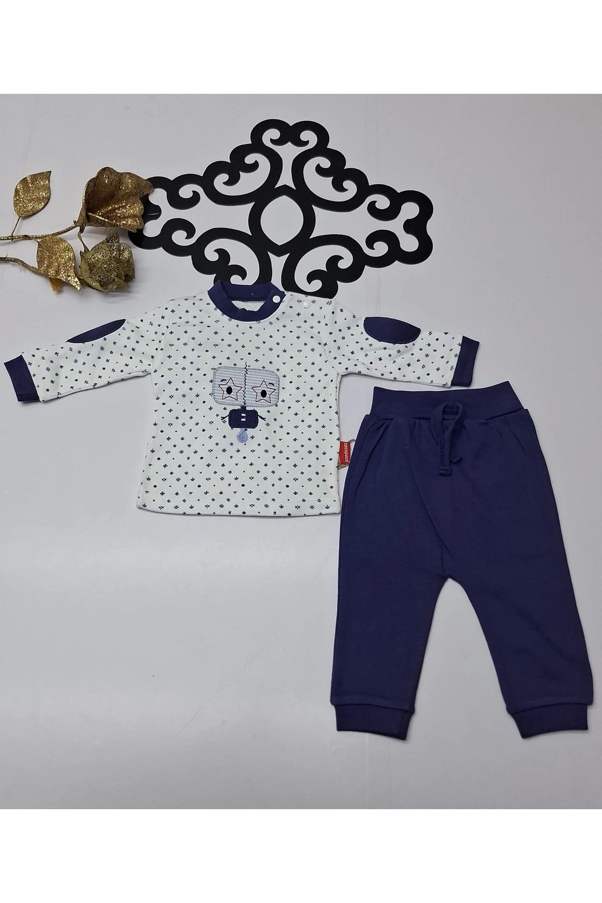elanurbebe Penye Koldan Göz Nakışlı Desenli Çıtçıtlı Yaka Bebe Erkek Ikili Takım