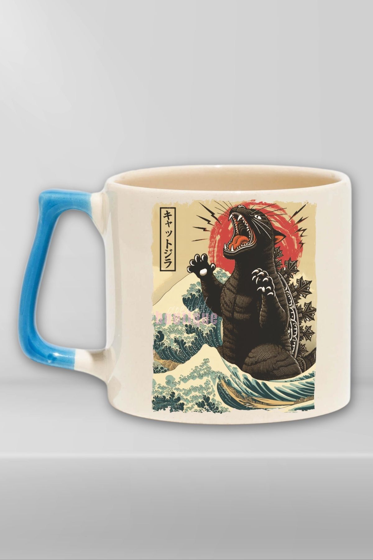 qoeuyl boutique Catzilla 2 Baskılı Japon Kedi Sanatı Anime Manga Figürü Doğum Günü Hediye Mavi Kulplu Kupa Bardak