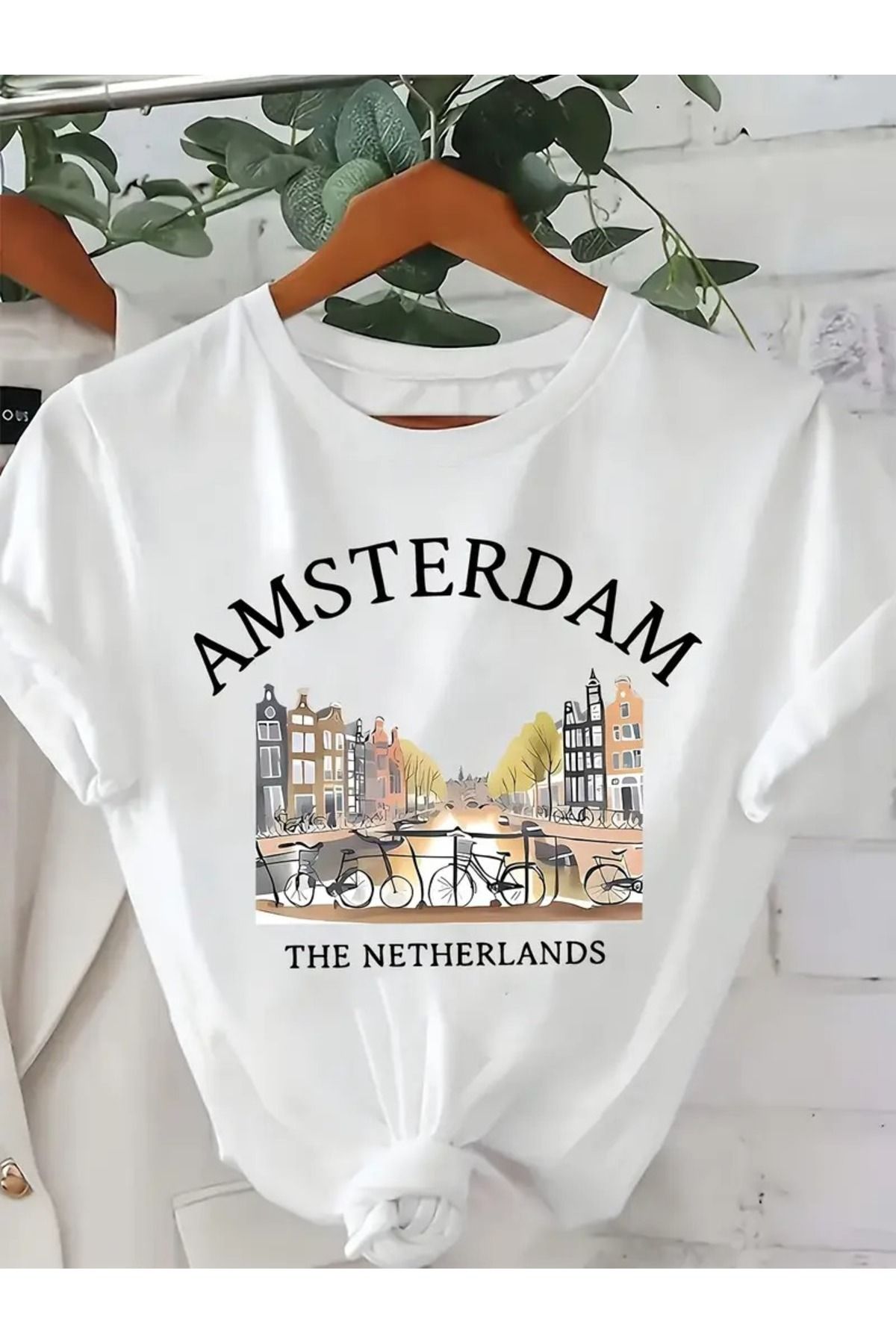 NoVibe Unisex Amsterdam Baskılı Baskılı Kısa Kol %100 Pamuk T-shirt