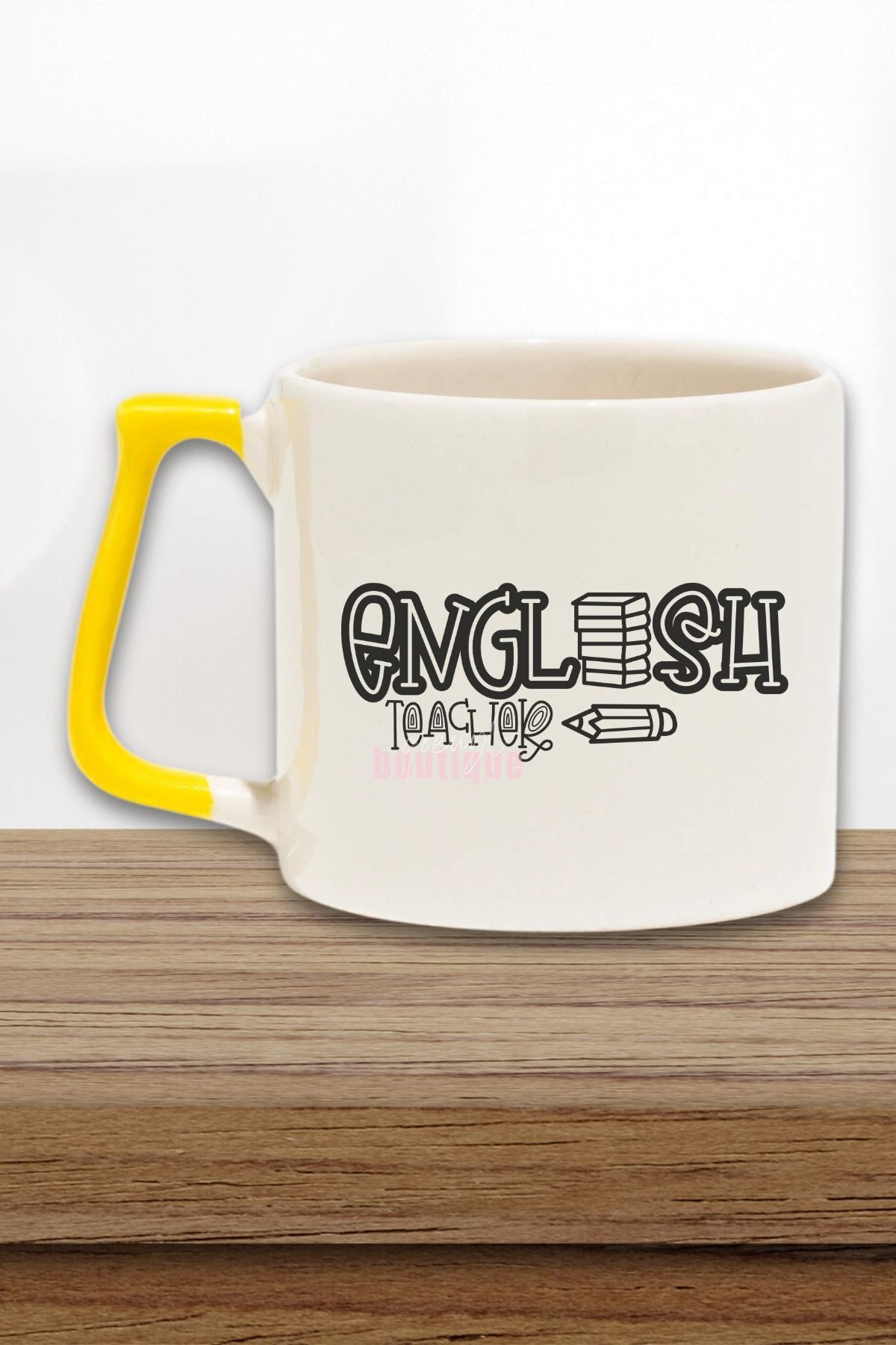 qoeuyl boutique English Teacher 4 Baskılı İngilizce Öğretmeni Doğum Günü Hediye Sarı Kulplu Kupa Bardak
