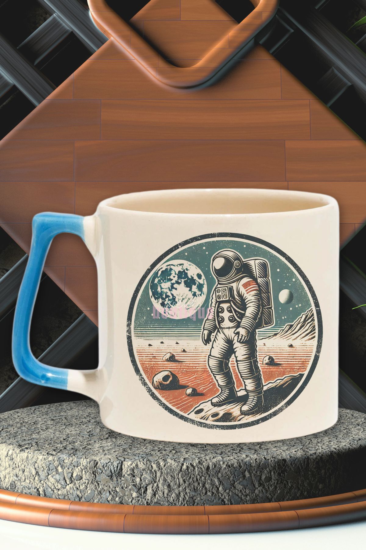 qoeuyl boutique Retro Astronot Baskılı Klasik Uzay Adamı Vintage Bilim Doğum Günü Hediye Mavi Kulplu Kupa Bardak