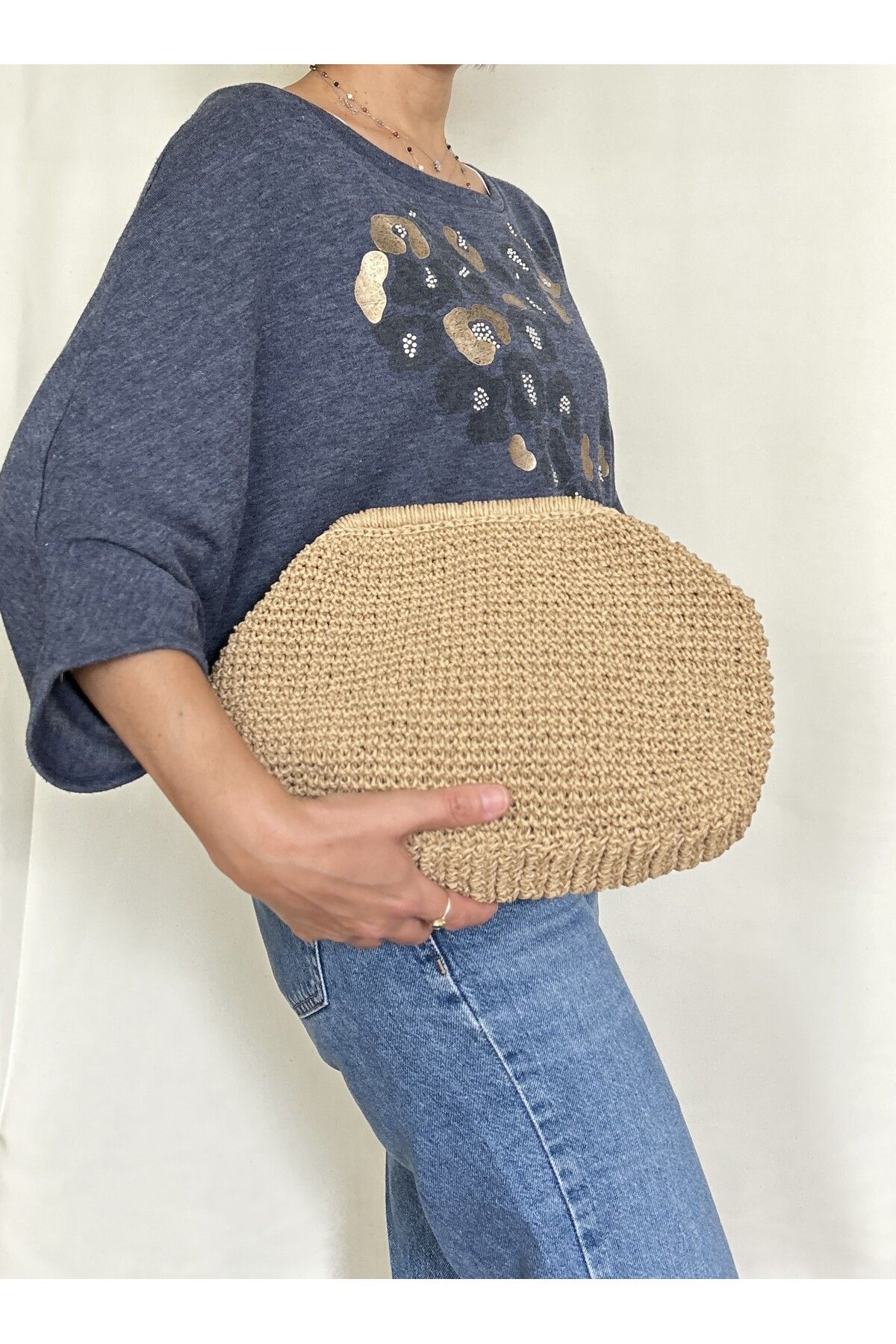 ByTooche İris Kadın Burslu Astarlı Kağıt İp Çanta , Hasır Örgü Clutch, El Çantası, Portföy