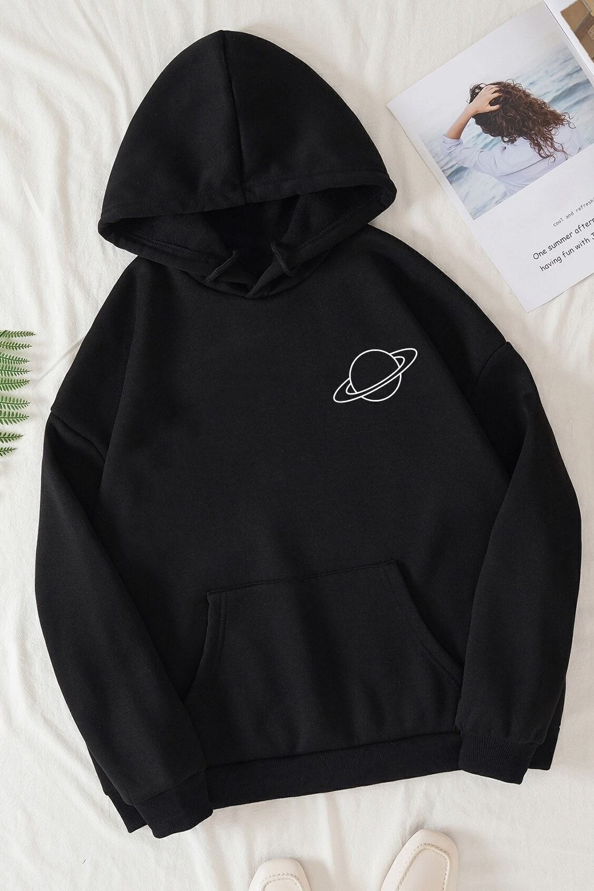 ModaSphere Siyah Saturn Baskılı Unisex Sweatshirt