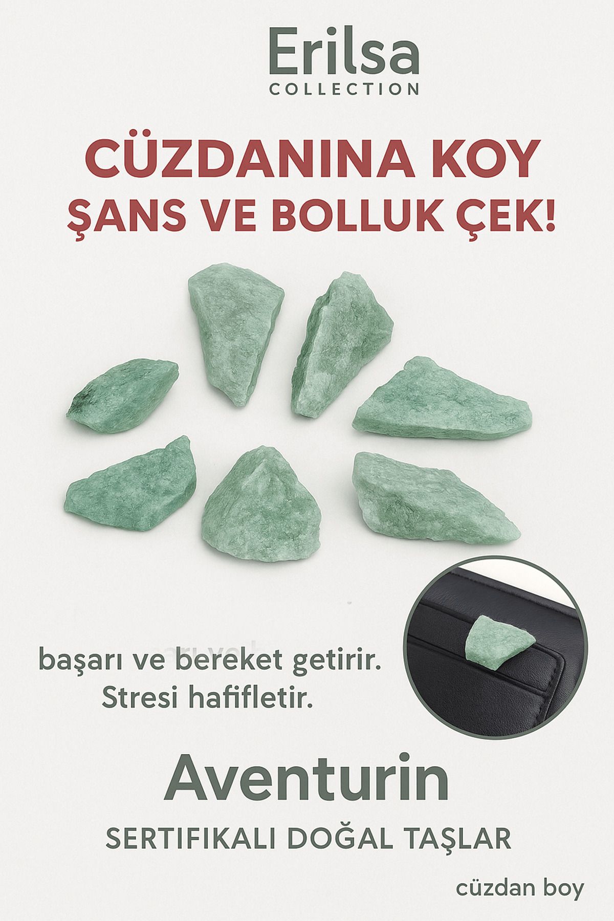 Erilsa Sertifikalı Ham Cüzdan Boy Aventurin Taşı Kütle - El Taşı - Şans, Huzur ve Günlük Denge Taşı
