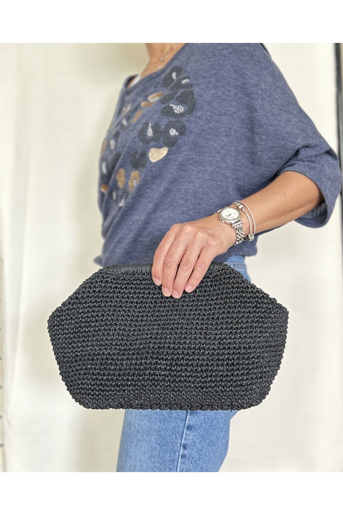 ByTooche İris Kadın Burslu Astarlı Kağıt İp Çanta , Hasır Örgü Clutch, El Çantası, Portföy