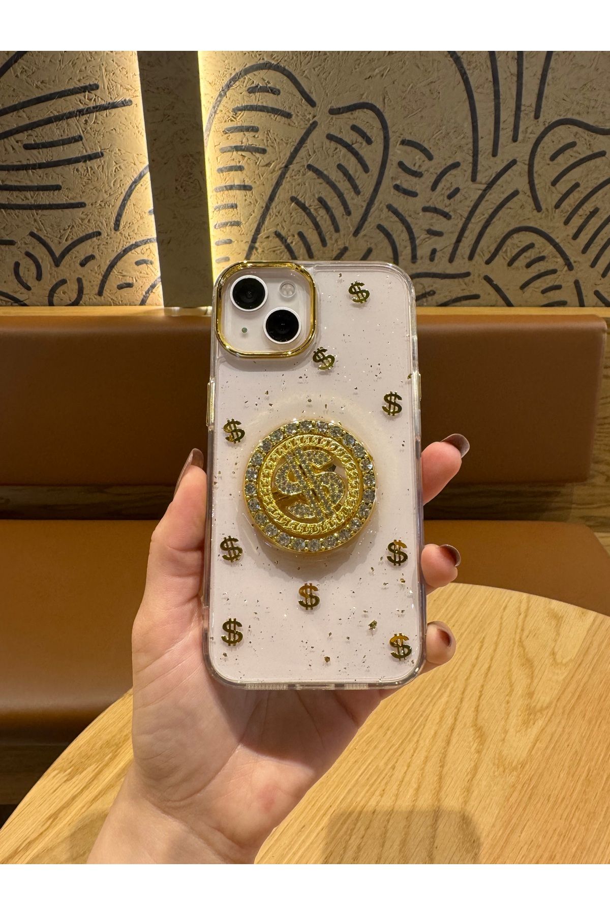 Mois Case İPhone 15 uyumlu Dolar figürlü taşlı simli Şeffaf kılıf