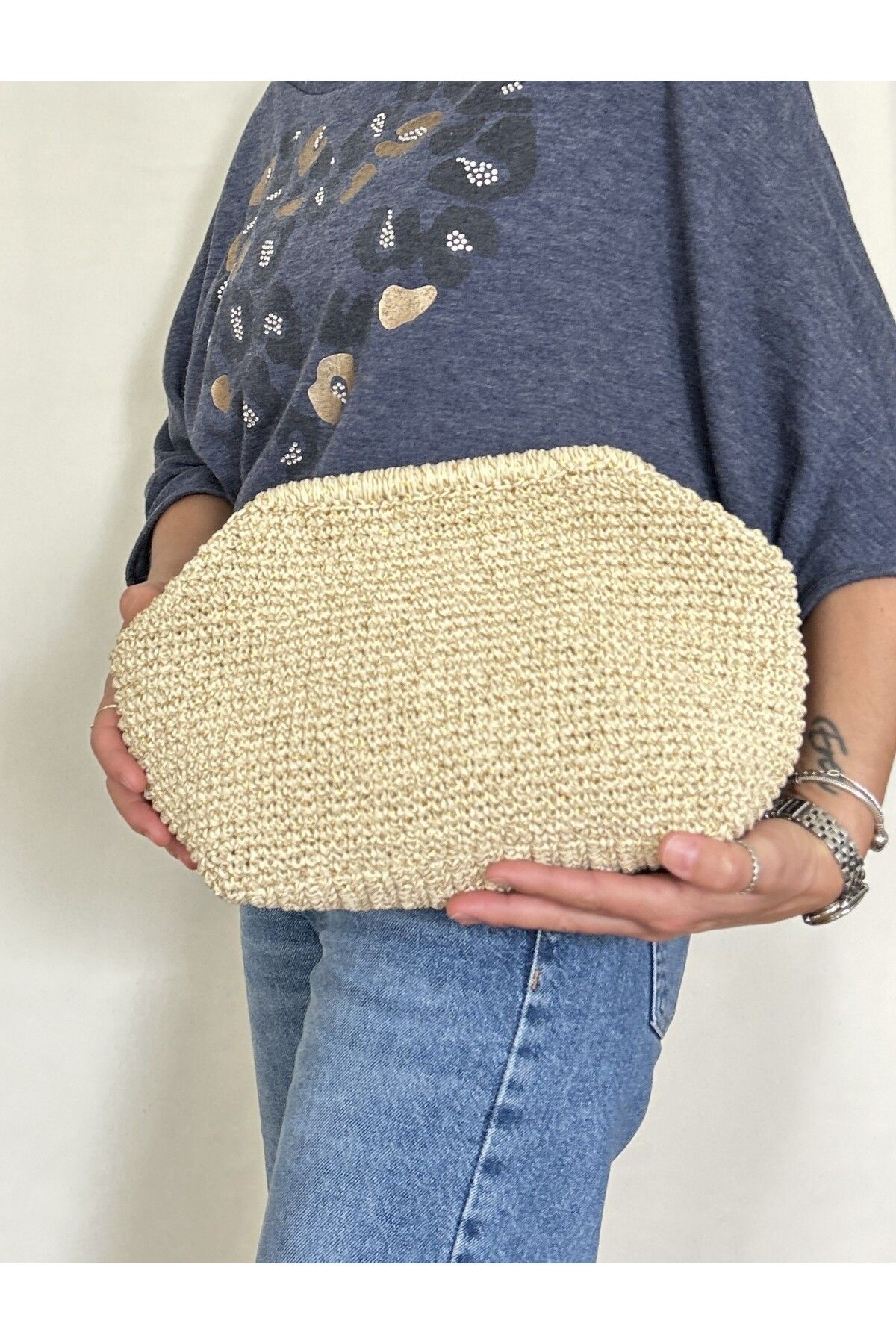 ByTooche İris Kadın Burslu Astarlı Simli Kağıt İp Çanta , Hasır Örgü Clutch, El Çantası, Portföy