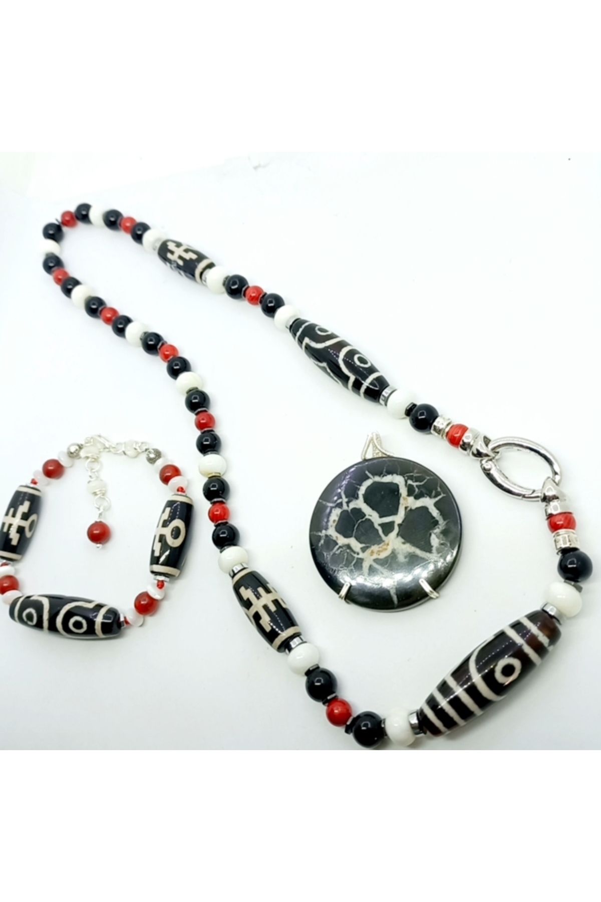 Sibelce 2284 Septarian Mercan Obsidyen el yapımı kolye
