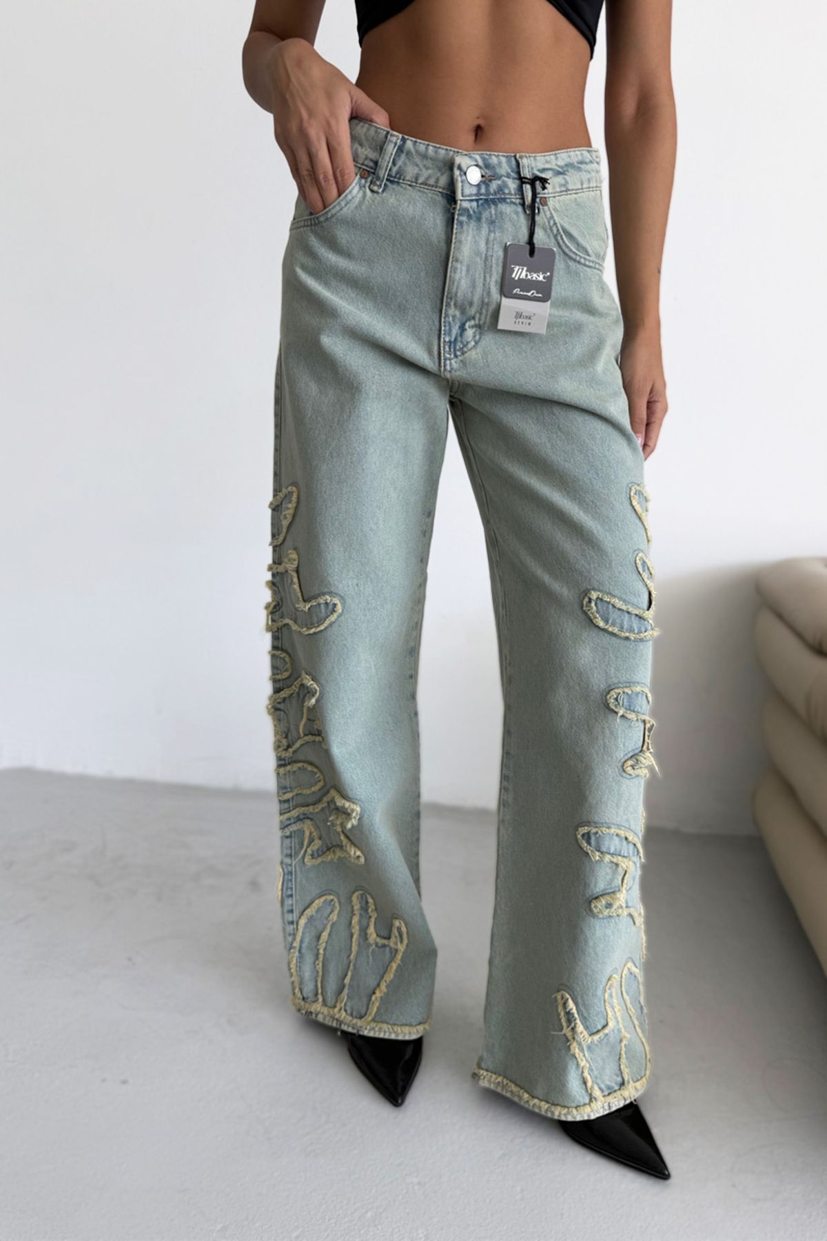 Bujean Likrasız Tintli Baggy Jean Pantolon Yeşil