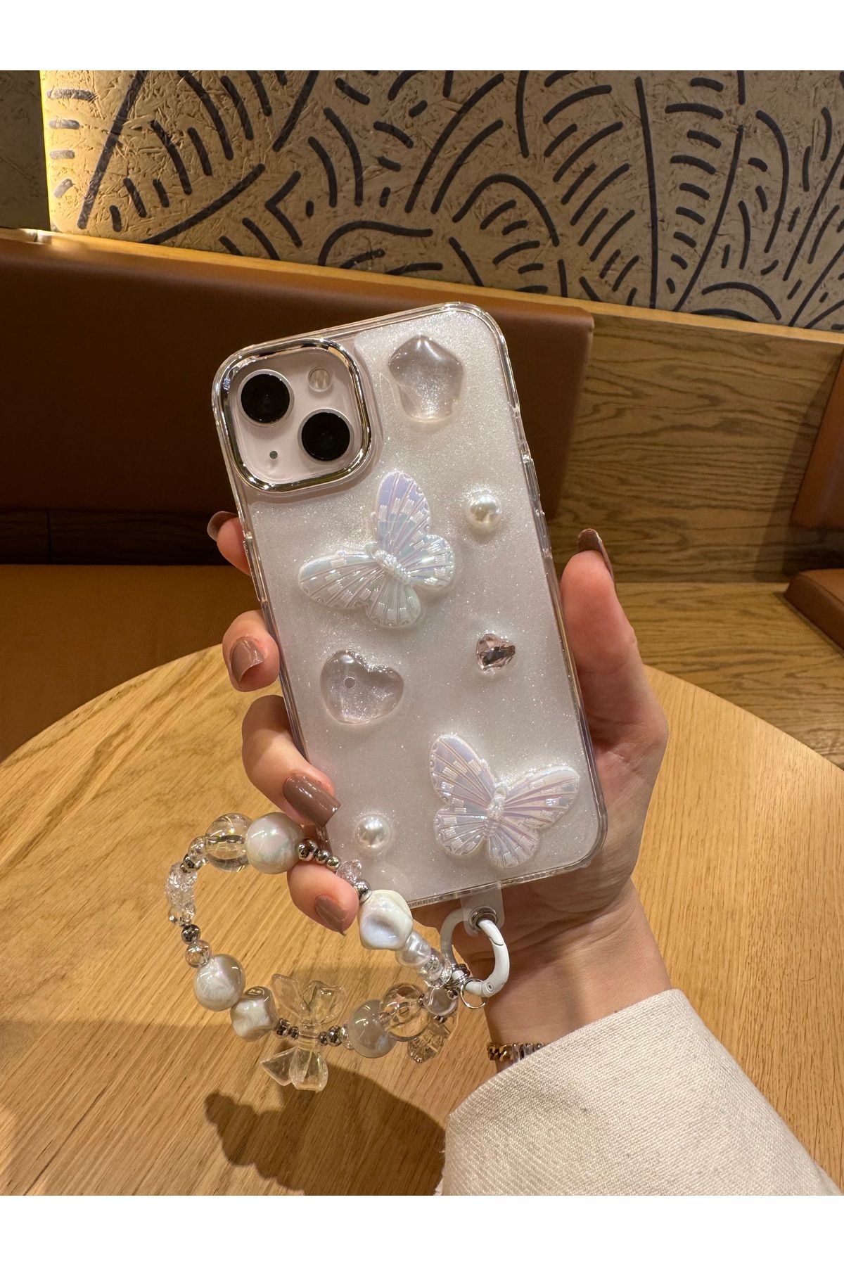 Mois Case İPhone 15 uyumlu Lux ışıltılı inci charmlı kelebekli kılı
