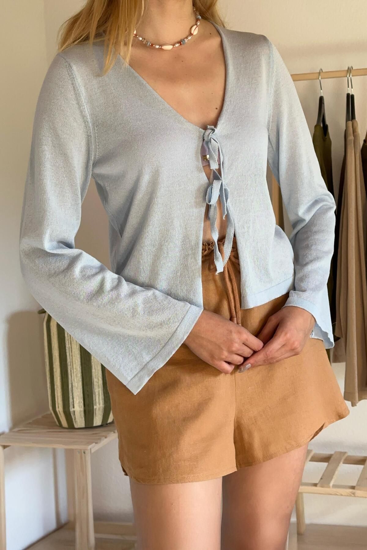 CHUBA Kadın Önden Bağlamalı Standart Fit İnce Triko Bluz Mavi 25S3022