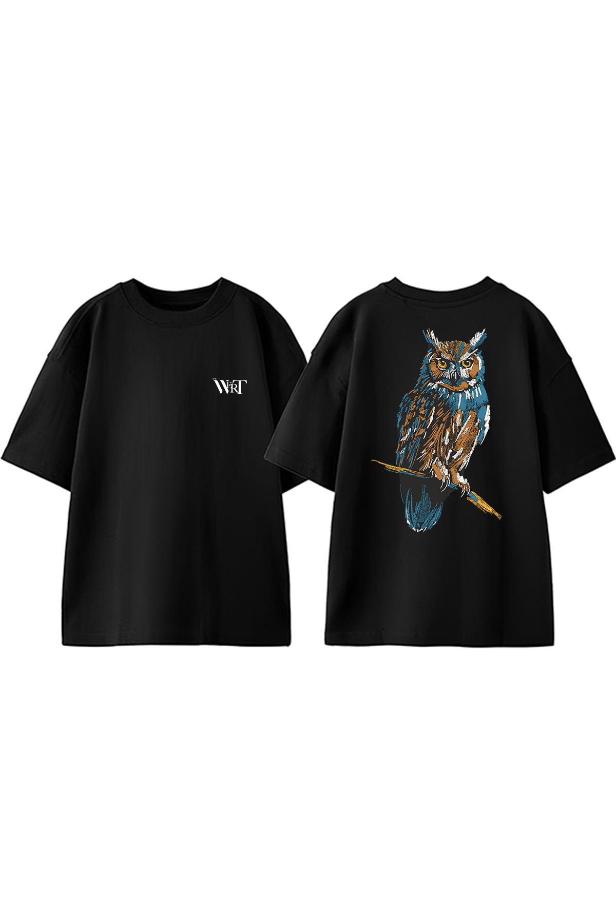 THEWERT Baykuş Tasarım Sırt Baskılı Pamuk Siyah Oversize T-shirt