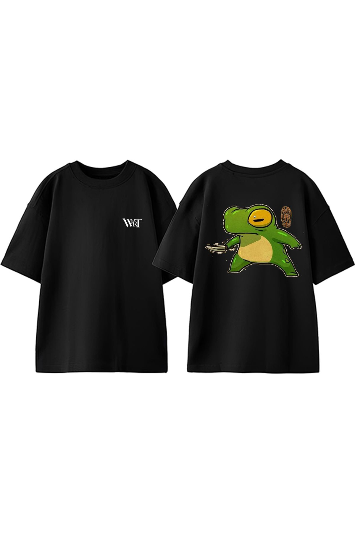 THEWERT Bıçaklı Kurbağa Tasarım Sırt Baskılı Pamuk Siyah Oversize T-shirt