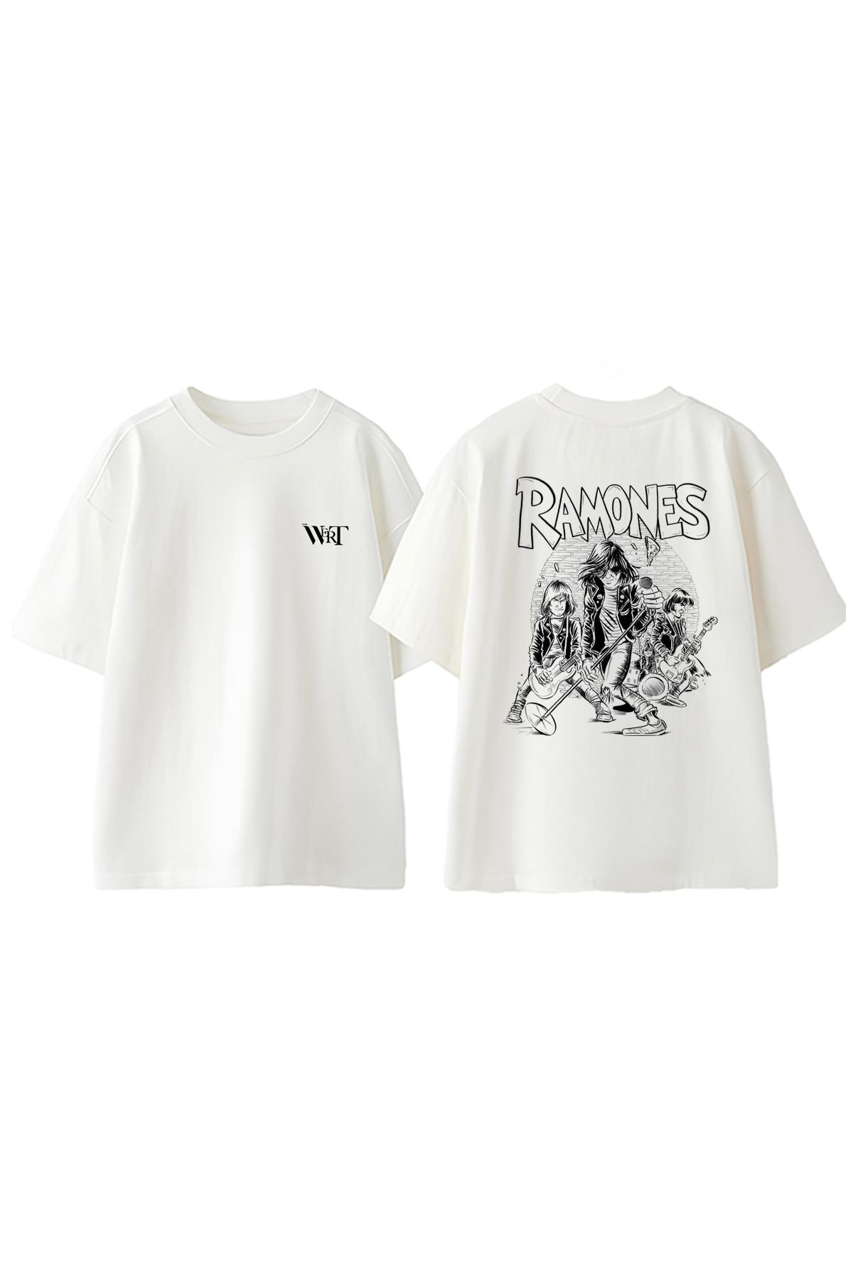 THEWERT Ramones Çizim Tasarım Sırt Baskılı Pamuk Beyaz Oversize T-shirt