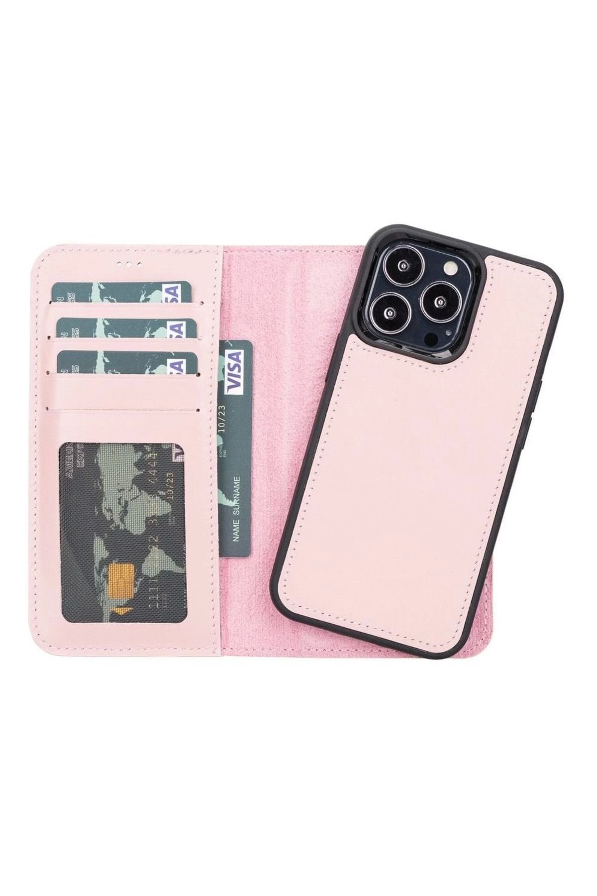 Angoravi Apple iPhone 13 Pro Uyumlu Deri Cüzdanlı Kılıf NU2 Pembe