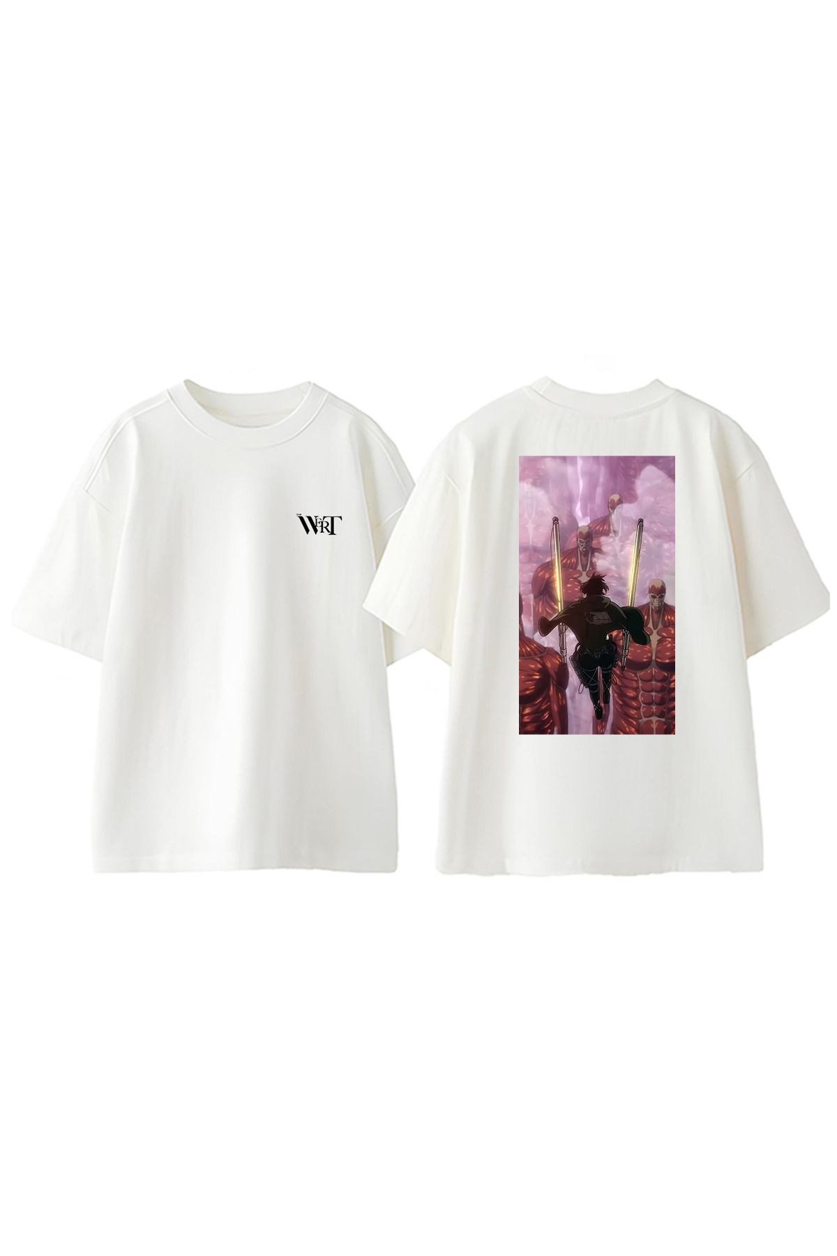 THEWERT Attack On Titan Hanjı Tasarım Sırt Baskılı Pamuk Beyaz Oversize T-shirt