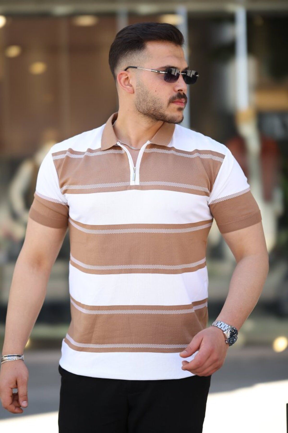 novafems Erkek Yakalı Fermuarlı çift Renk Kısa Kollu T-shirt