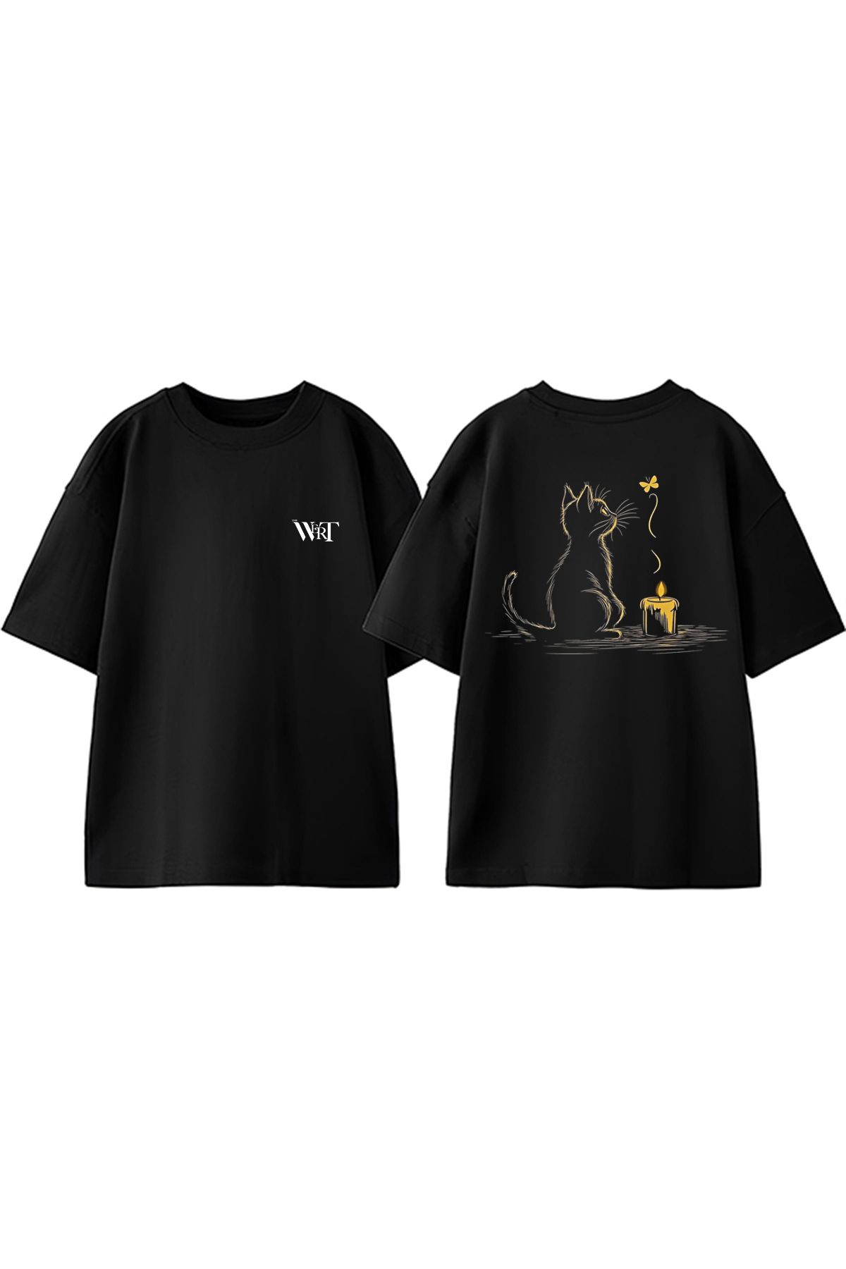 THEWERT Mum Ve Kedi Tasarım Sırt Baskılı Pamuk Siyah Oversize T-shirt
