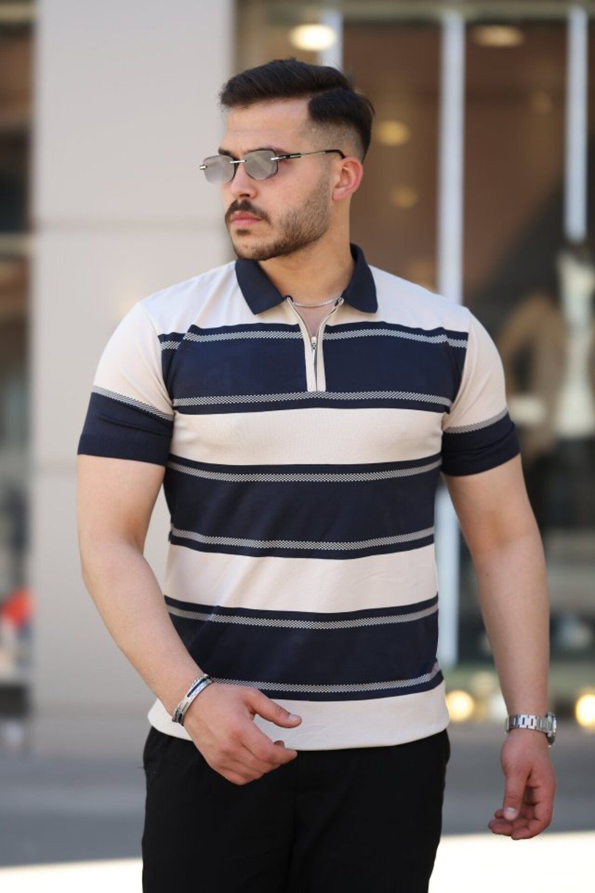 novafems Erkek Yakalı Fermuarlı çift Renk Kısa Kollu T-shirt