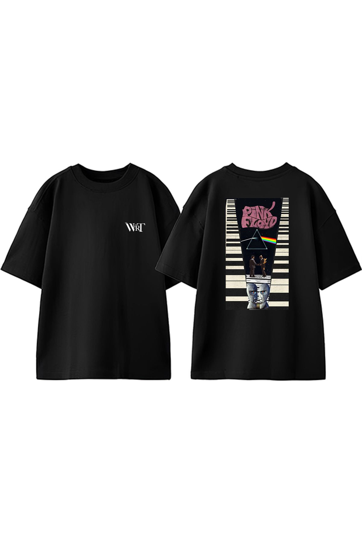 THEWERT Pink Floyd Burning Man Tasarım Sırt Baskılı Pamuk Siyah Oversize T-shirt