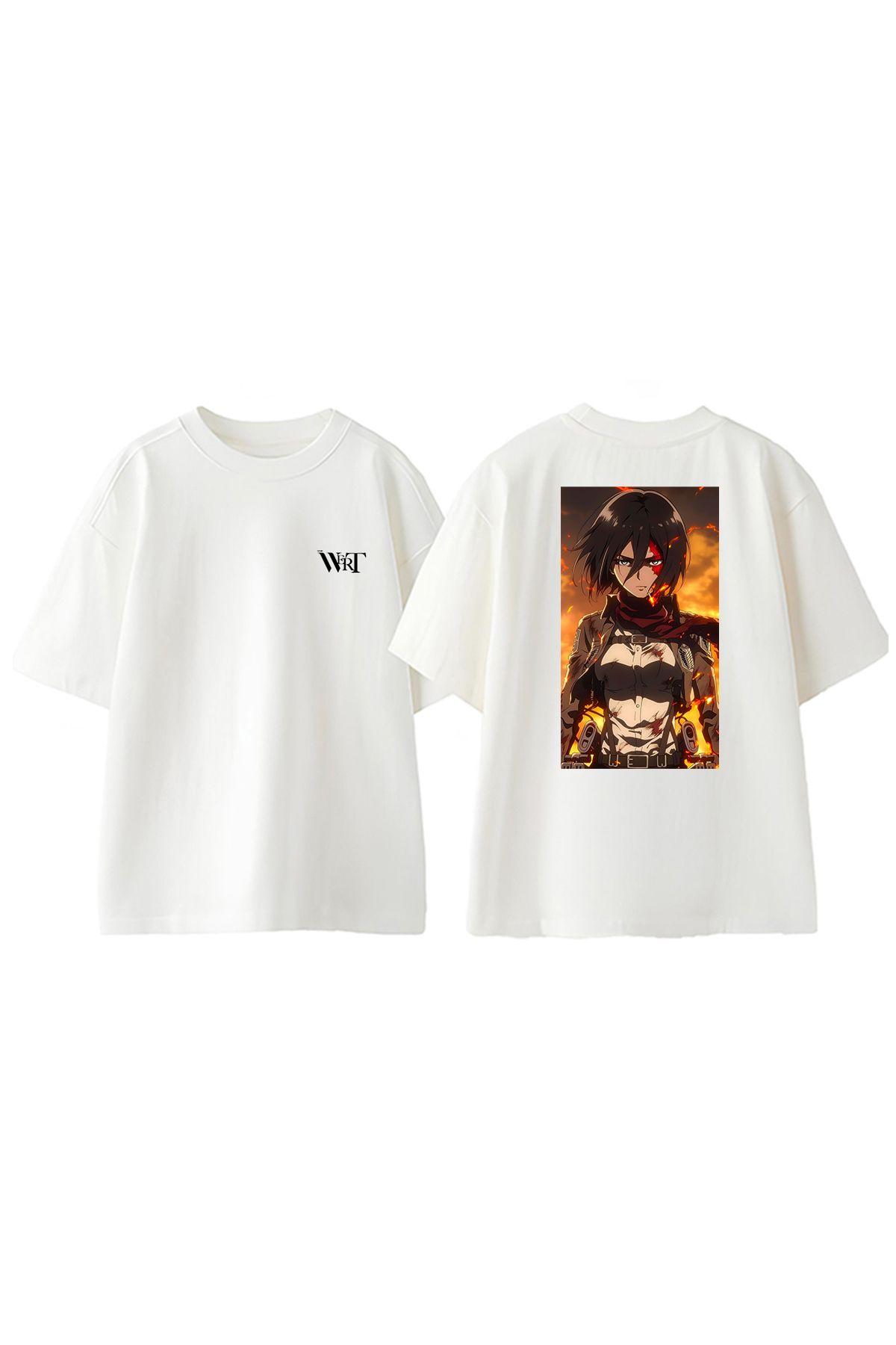 THEWERT Mikasa Ackerman Burnıng Tasarım Sırt Baskılı Pamuk Beyaz Oversize T-shirt