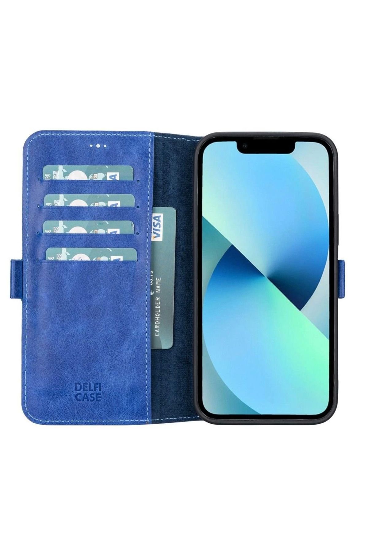 Angoravi Apple iPhone 13 Pro Max Uyumlu Deri Cüzdanlı Kılıf Okyanus Mavi