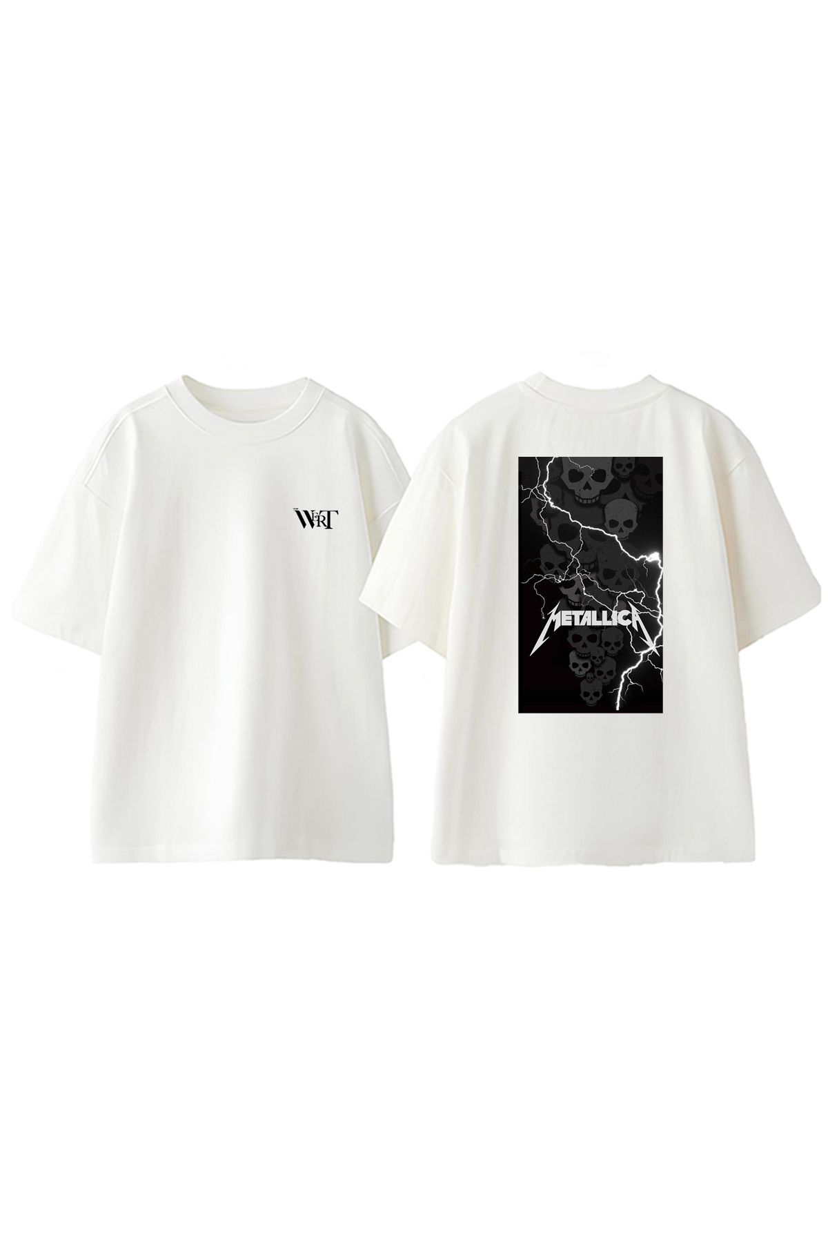 THEWERT Skull Metallica Tasarım Sırt Baskılı Pamuk Beyaz Oversize T-shirt