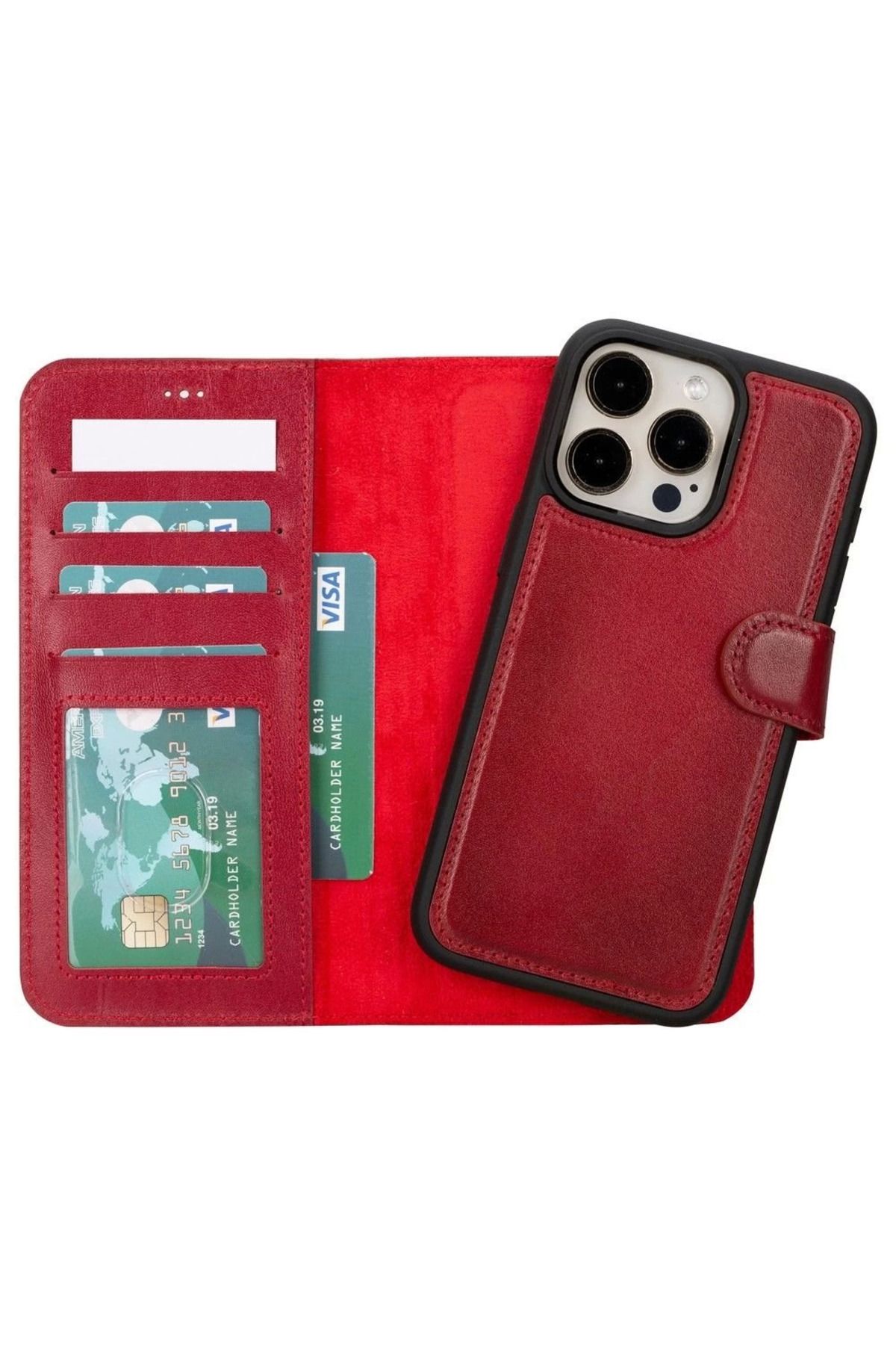 Angoravi Apple iPhone 15 Pro Max Uyumlu Deri Cüzdanlı Kılıf MWWN V4EF Kırmızı