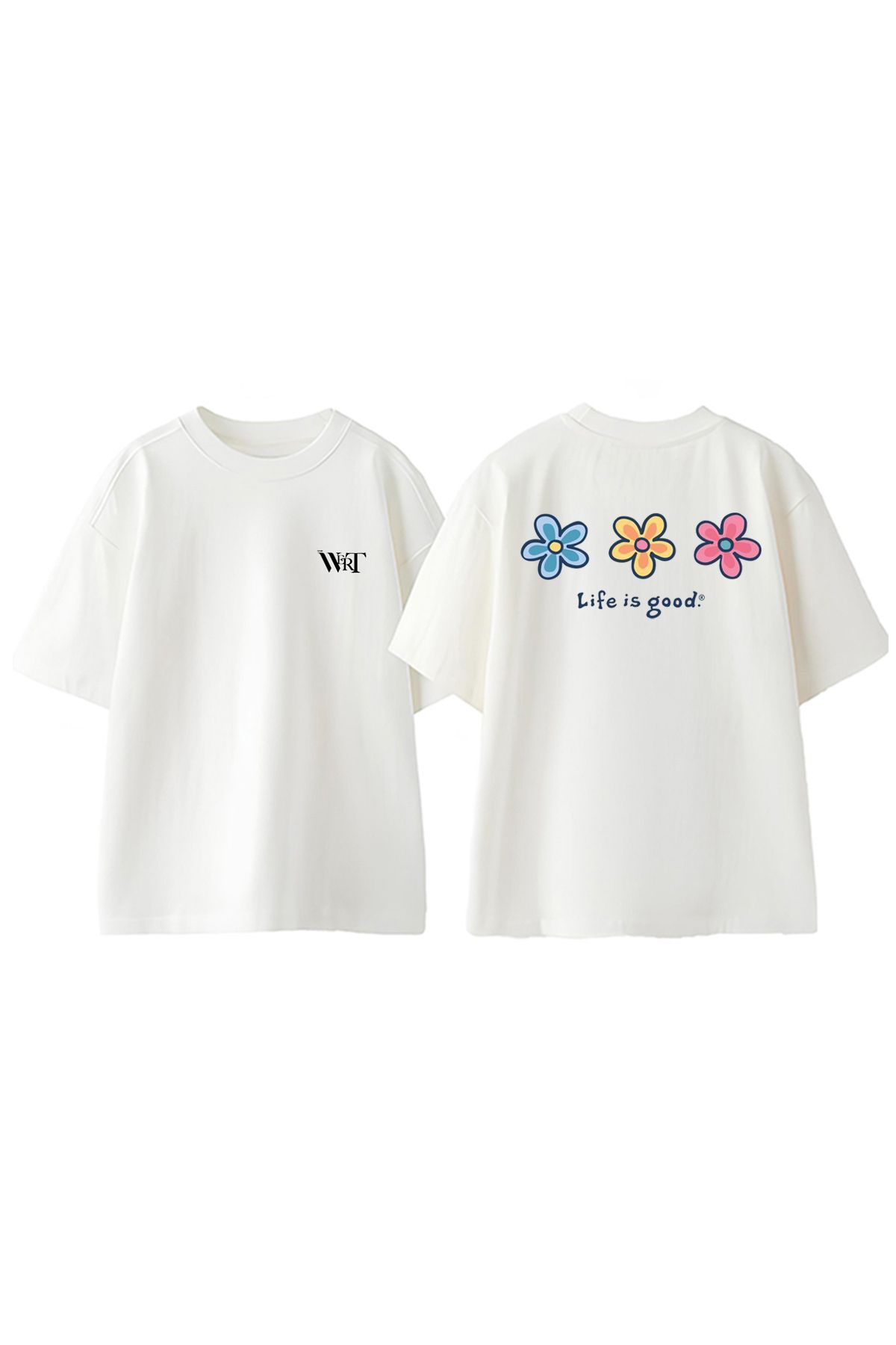 THEWERT Life İs Good Tasarım Sırt Baskılı Pamuk Beyaz Oversize T-shirt